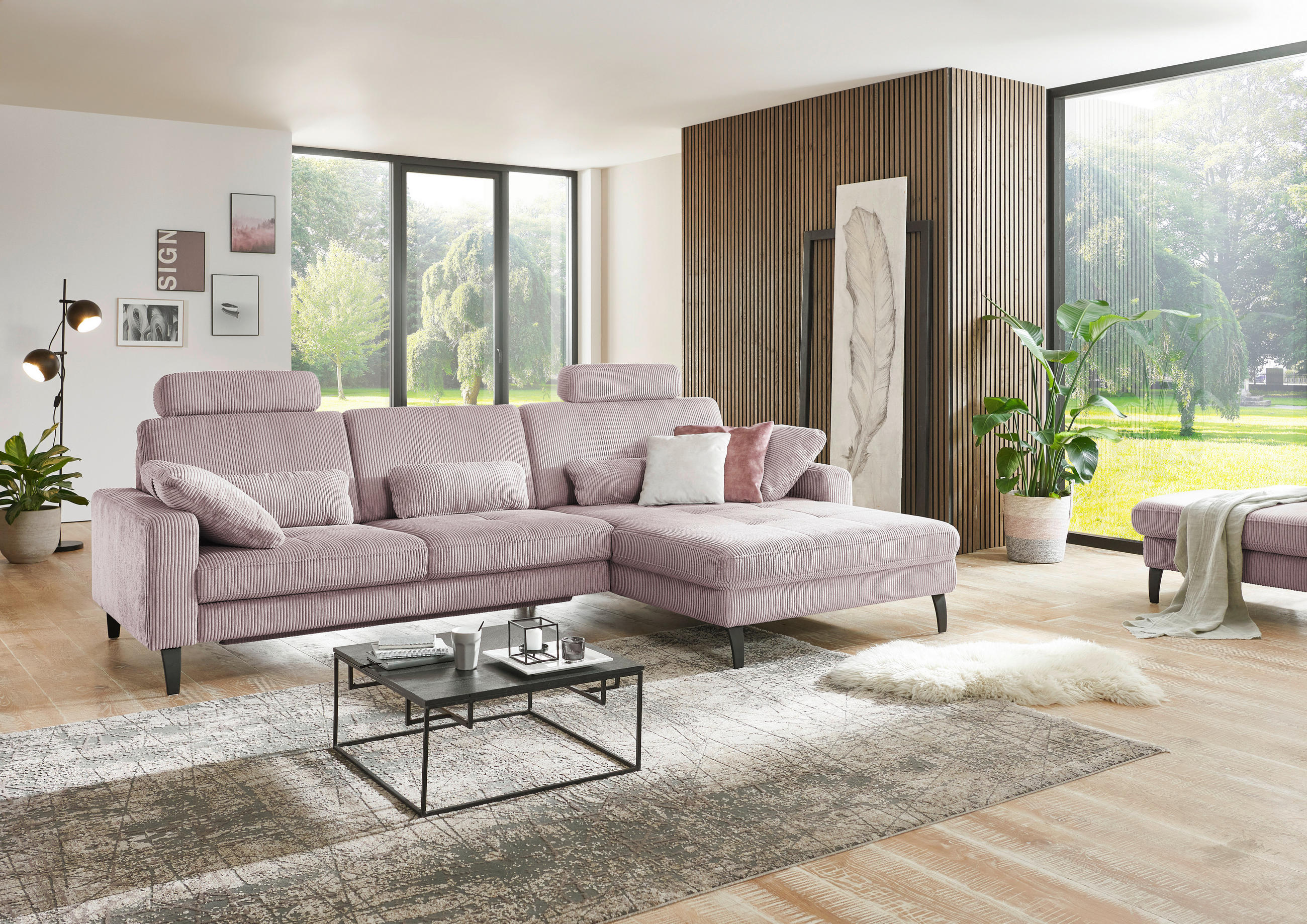 ECKSOFA in Cord Altrosa  - Schwarz/Altrosa, Modern, Textil/Metall (302/177cm) - Beldomo Style