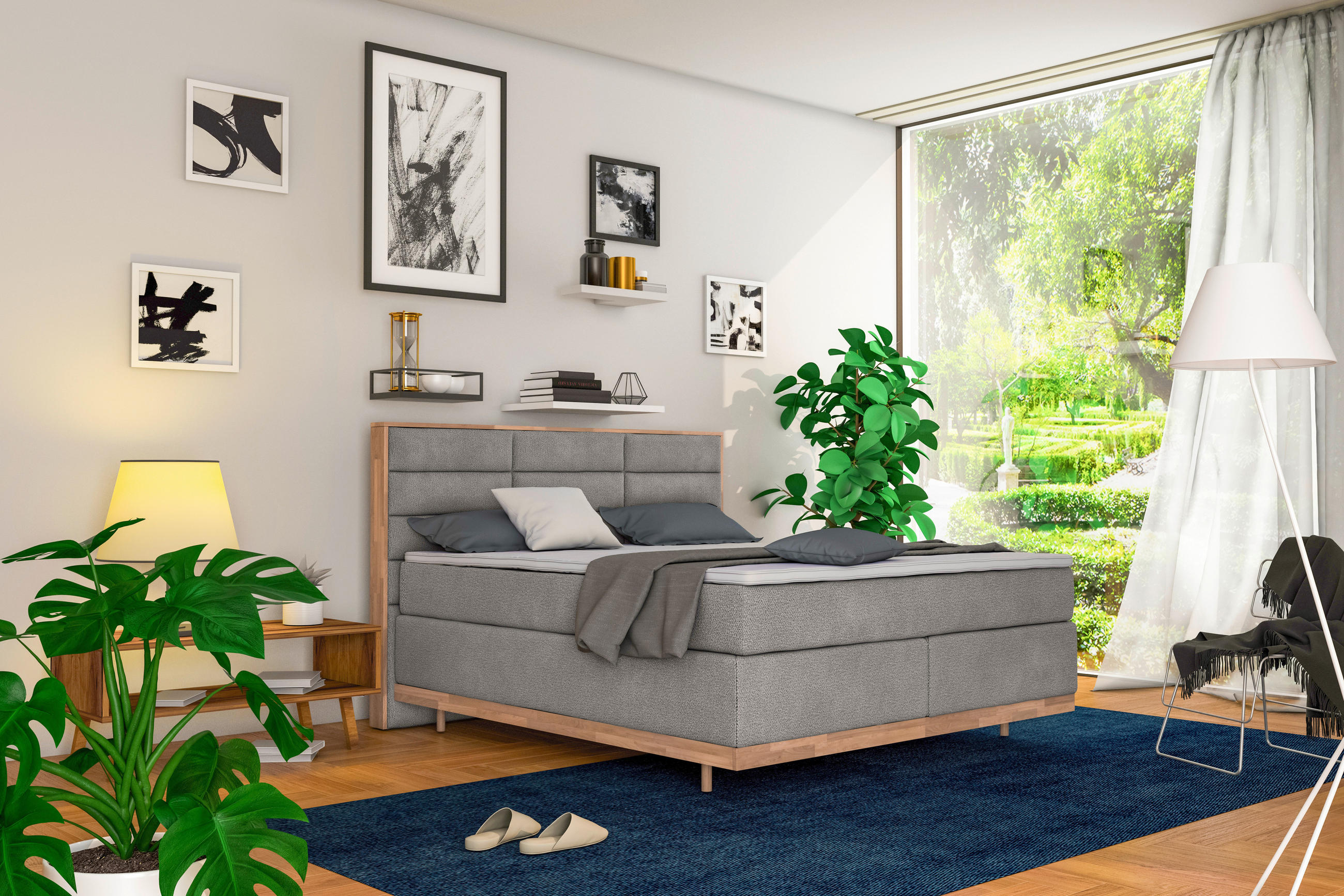 BOXSPRINGBETT 200/200 cm,  in Beige, Matratze, gepolstertes Kopfteil, Topper, H3 + H4 = fest + sehr fest  - Eichefarben/Beige, KONVENTIONELL, Holz/Textil (200/200cm) - Livetastic