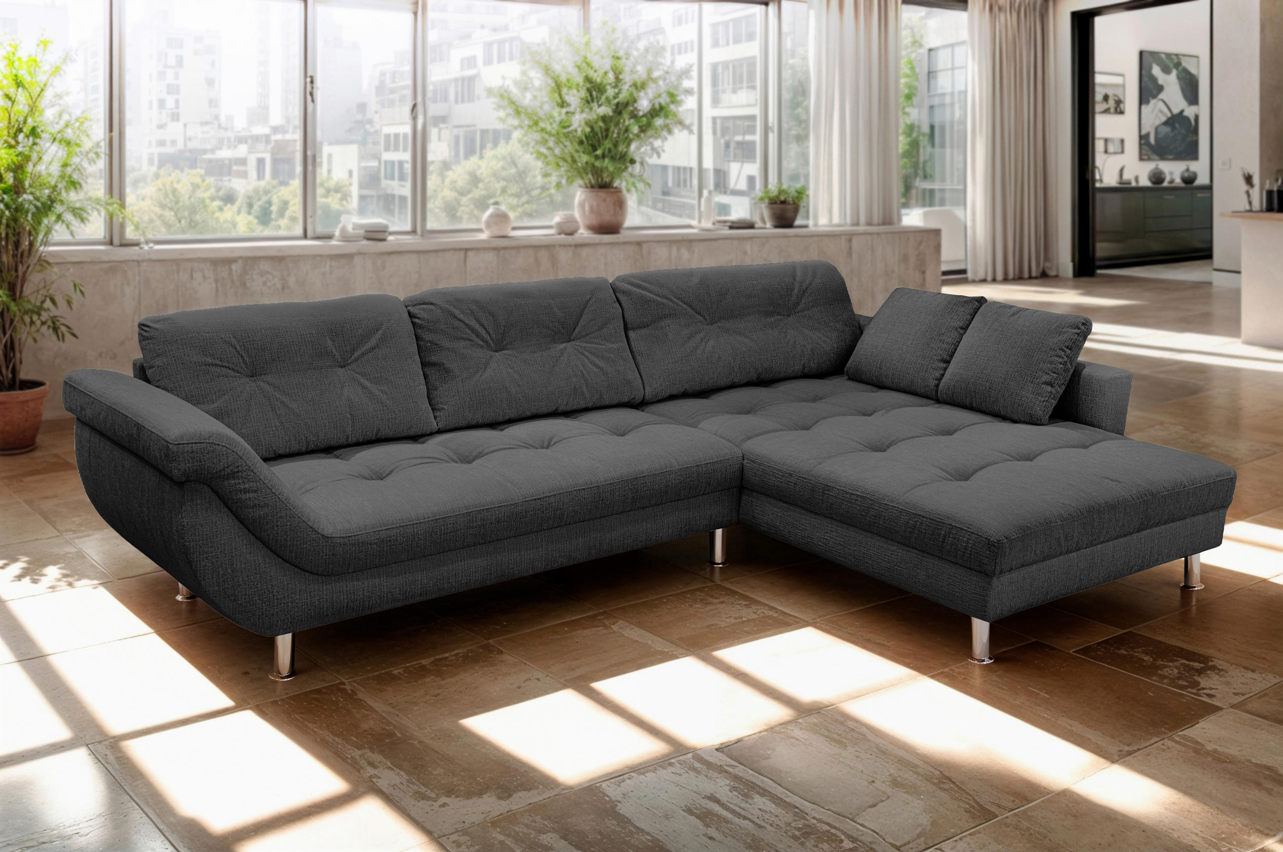 ECKSOFA BROOKLYN Anthrazit Flachgewebe Zierkissen, Rückenkissen  - Anthrazit/Silberfarben, KONVENTIONELL, Kunststoff/Textil (329/199cm) - Livetastic