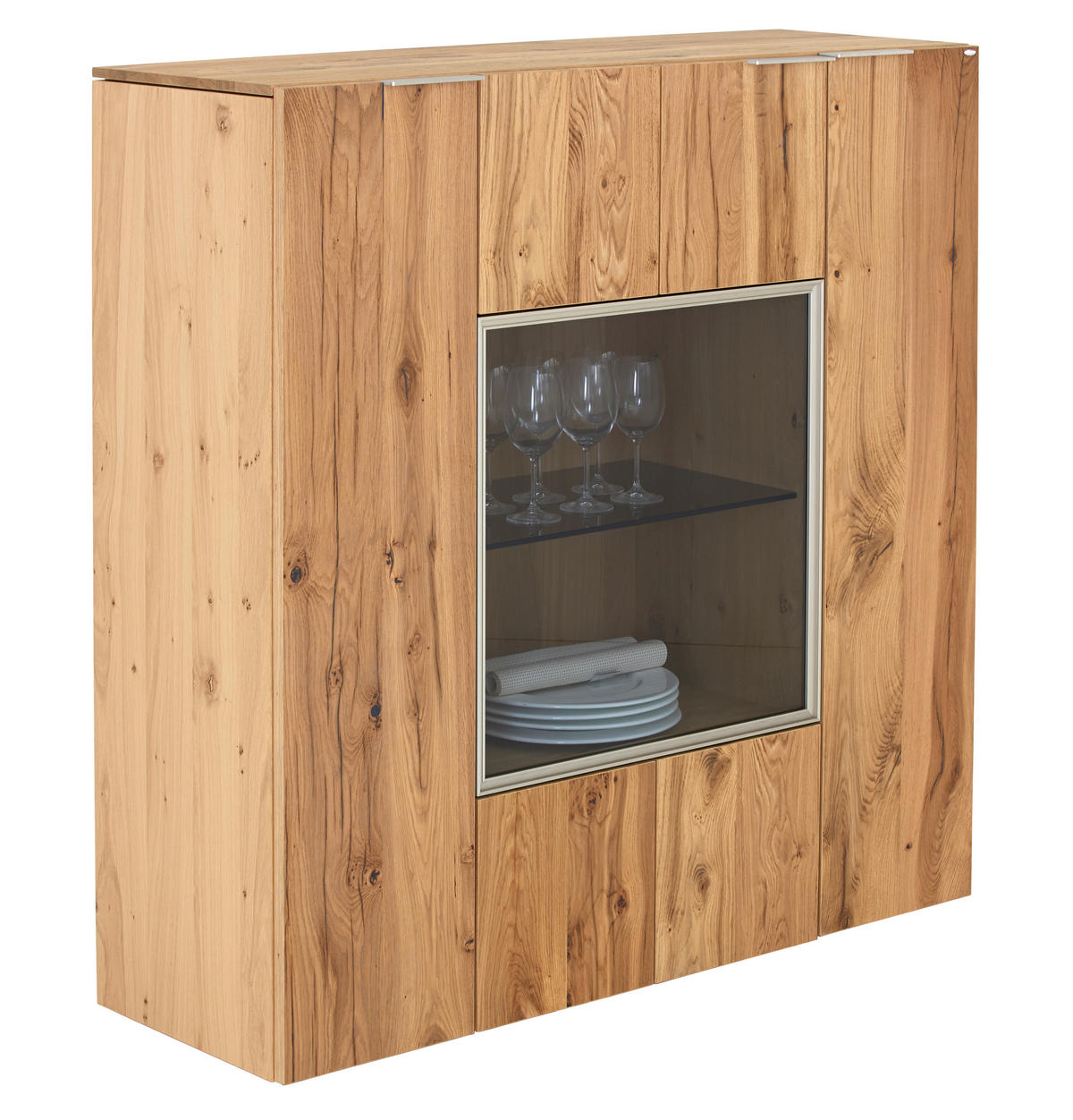 VISOKA KOMODA, barve hrasta  - srebrne barve/črna, Natur, kovina/steklo (128/130/42,3cm) - Voglauer