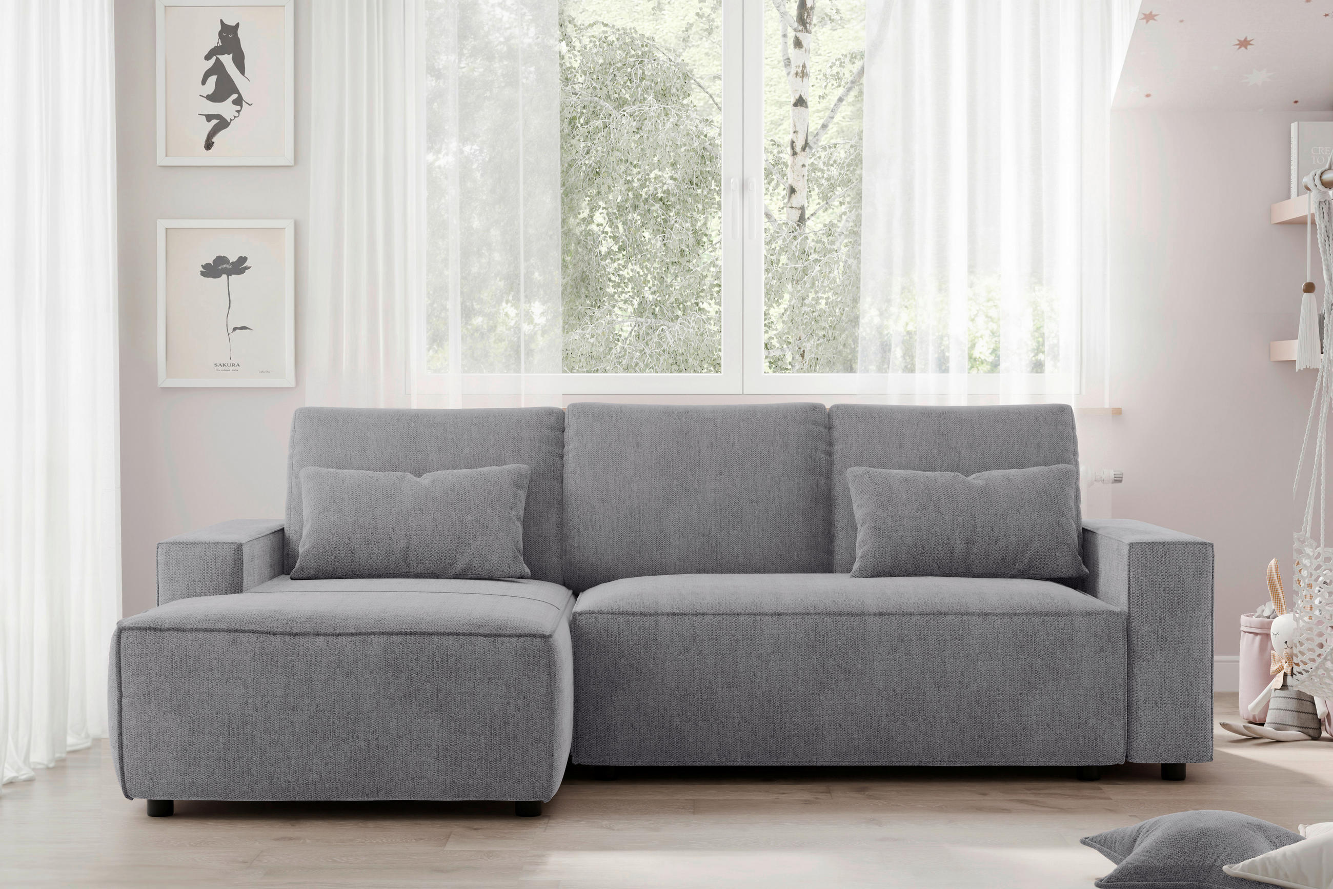 ECKSCHLAFSOFA  mit Rücken echt Chenille Graubraun  - Graubraun/Schwarz, MODERN, Kunststoff/Textil (154/247cm) - Livetastic