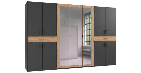 DREHTÜRENSCHRANK in Graphitfarben, Eiche Artisan - Schwarz/Graphitfarben, KONVENTIONELL, Glas/Holzwerkstoff (313/208/58cm) - Carryhome