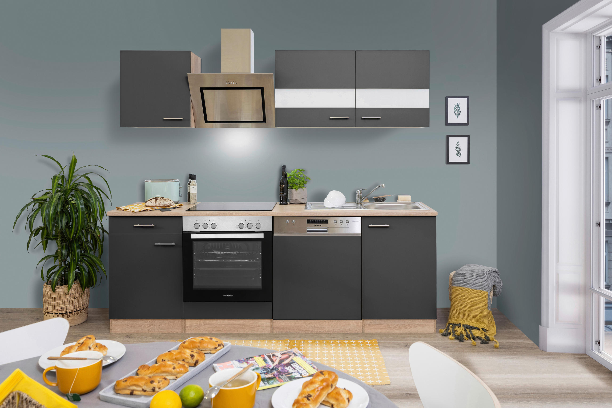 KÜCHENBLOCK 220 cm   in Grau  - Edelstahlfarben/Eichefarben, Basics, Holzwerkstoff/Metall (220cm) - Respekta