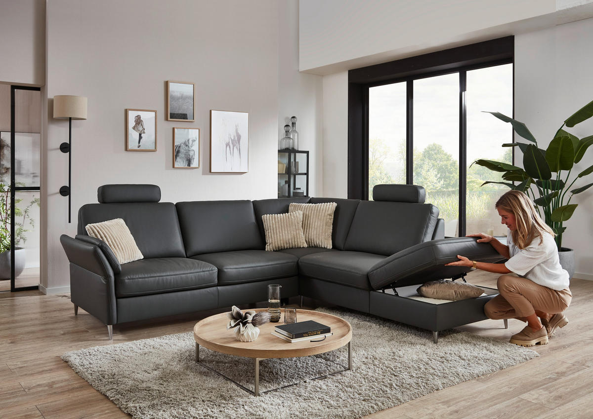 ECKSOFA Beldomo Premium in Echtleder Anthrazit  263/235 cm  - Anthrazit/Alufarben, KONVENTIONELL, Leder/Metall (263/235cm) - Beldomo Premium