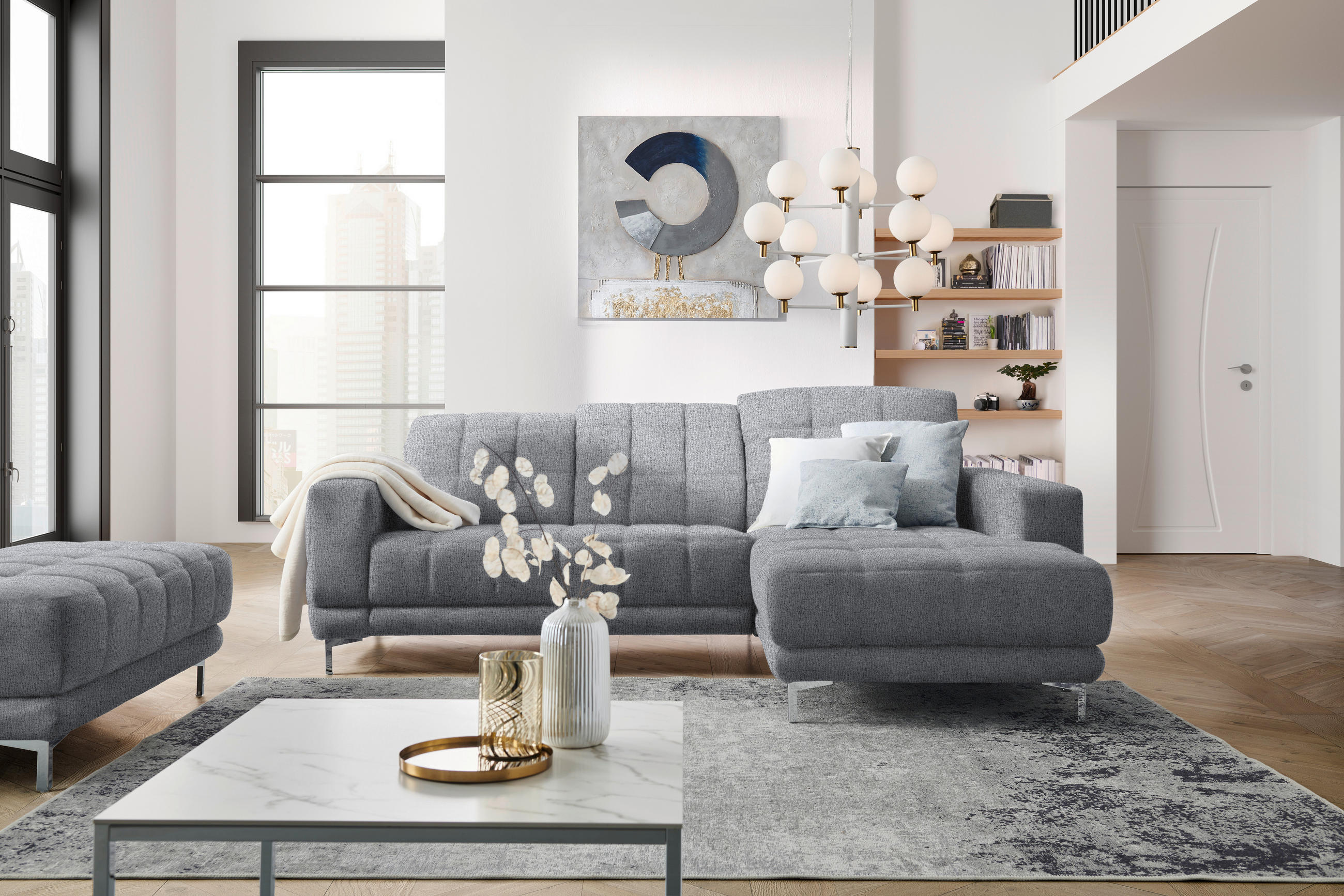 ECKSOFA in Webstoff Grau  - Chromfarben/Grau, Design, Textil/Metall (260/187cm) - Xora