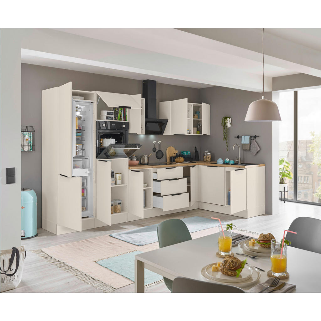 Thumbnail - Carryhome Eckküche Multan, Kaschmir, Metall, 2 Schublade(n),3 Schublade(n) Schubladen, 340x175 cm, links aufbaubar, rech...