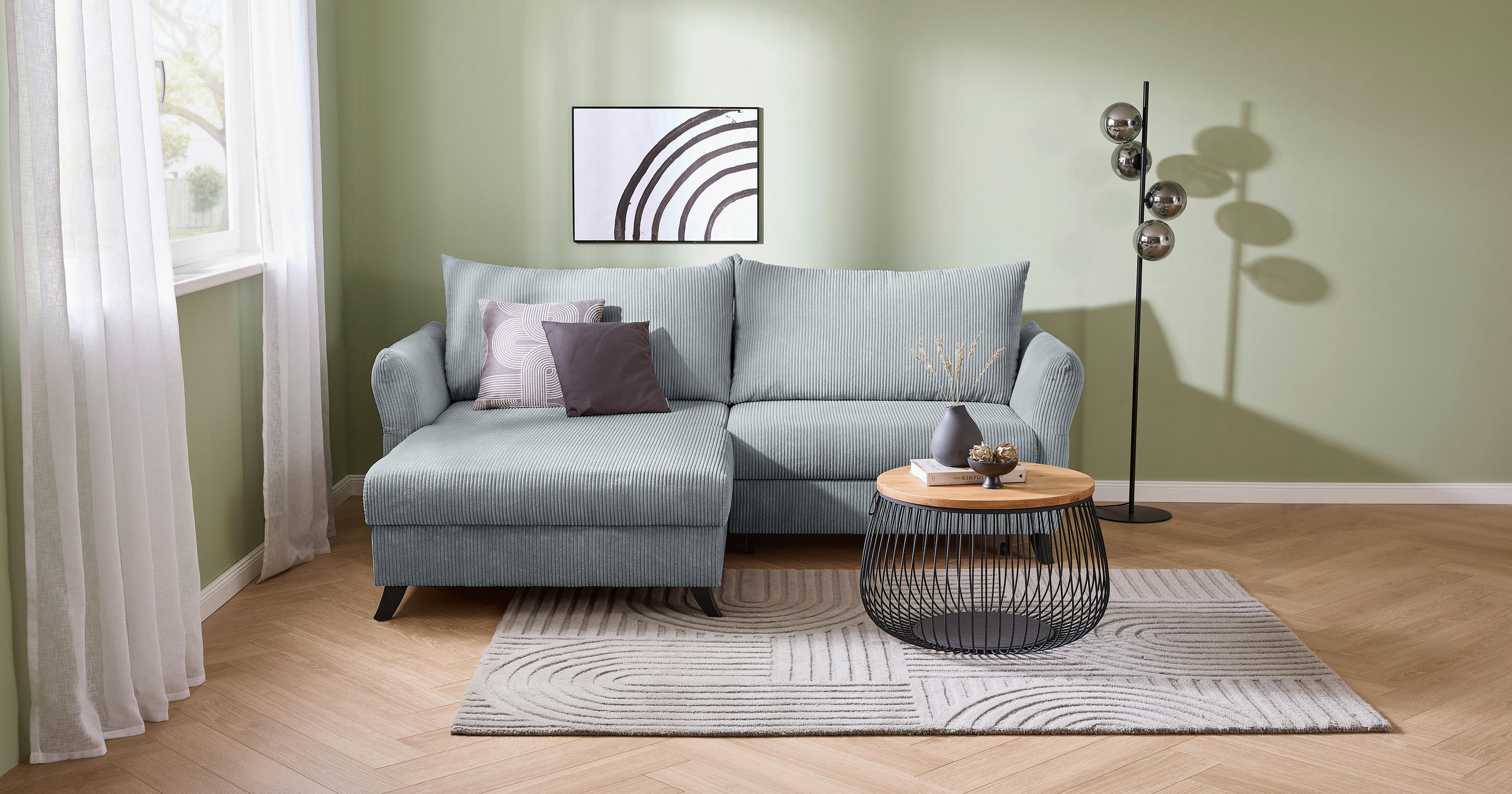 ECKSOFA in Cord Hellgrau  - Hellgrau/Schwarz, Romantik / Landhaus, Holz/Textil (245/159cm) - Stylife