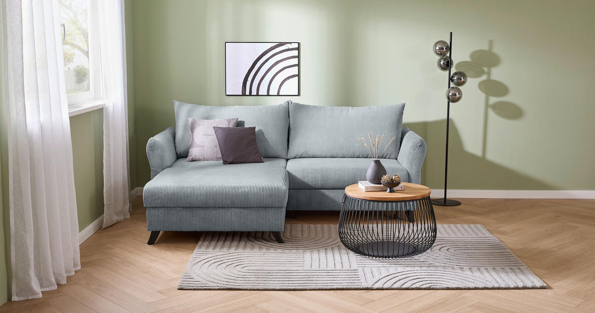 ECKSOFA in Cord Hellgrau  - Hellgrau/Schwarz, ROMANTIK / LANDHAUS, Holz/Textil (245/159cm) - Stylife