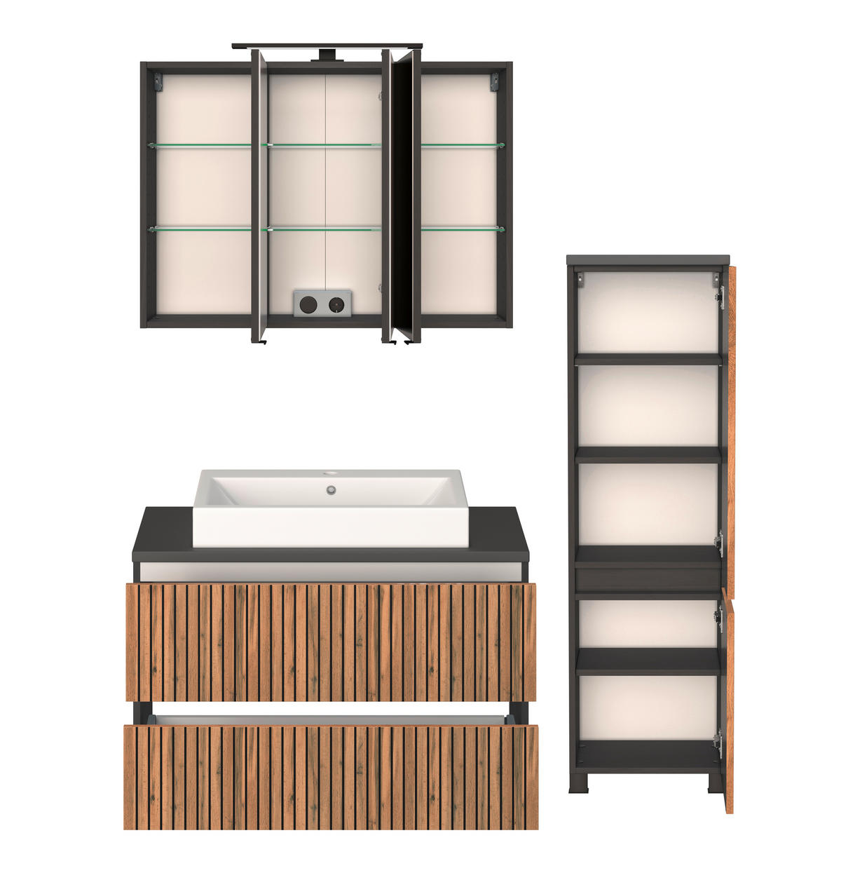 BADEZIMMER  in 130 cm  - Eiche Wotan/Graphitfarben, KONVENTIONELL, Glas/Keramik (130cm) - Xora