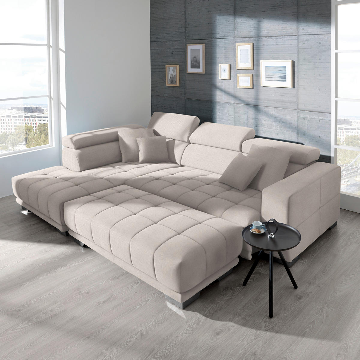 ECKSOFA in Mikrofaser Ecru  - Chromfarben/Ecru, Design, Textil/Metall (207/301cm) - Xora