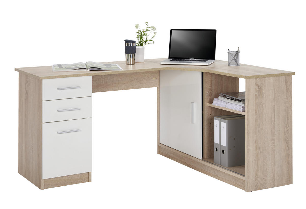 ECKSCHREIBTISCH 150/120/75 cm  in Weiß, Eichefarben  - Eichefarben/Alufarben, KONVENTIONELL, Holzwerkstoff/Kunststoff (150/120/75cm) - Venda