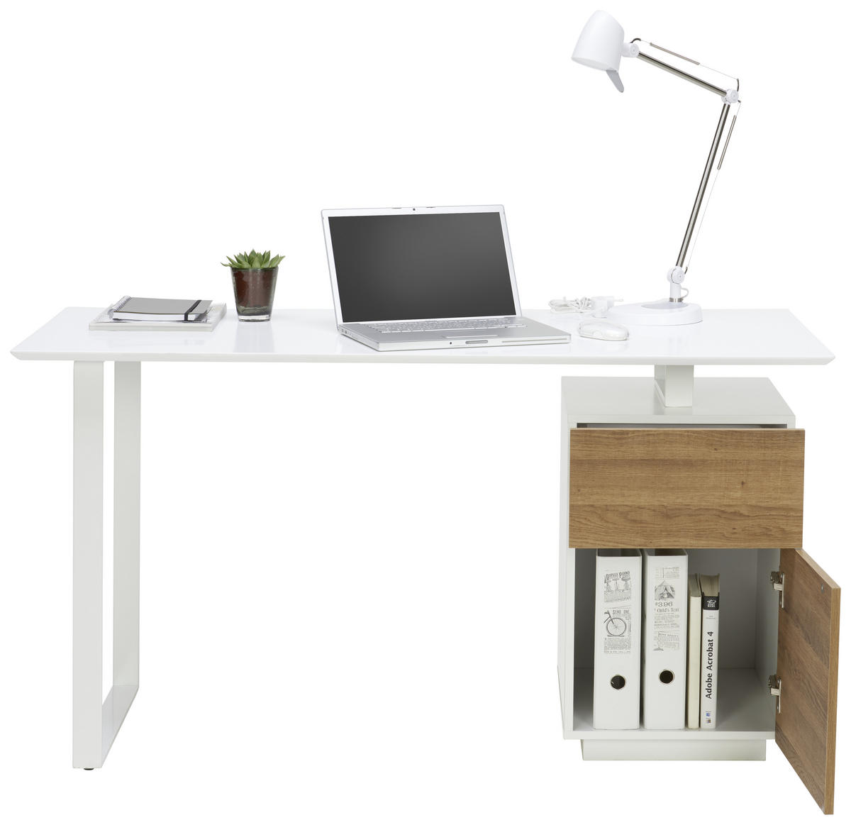 ÍRÓASZTAL  - tölgyfa/fehér, Design, faalapú anyag/fém (140/60/76cm) - Hom`in