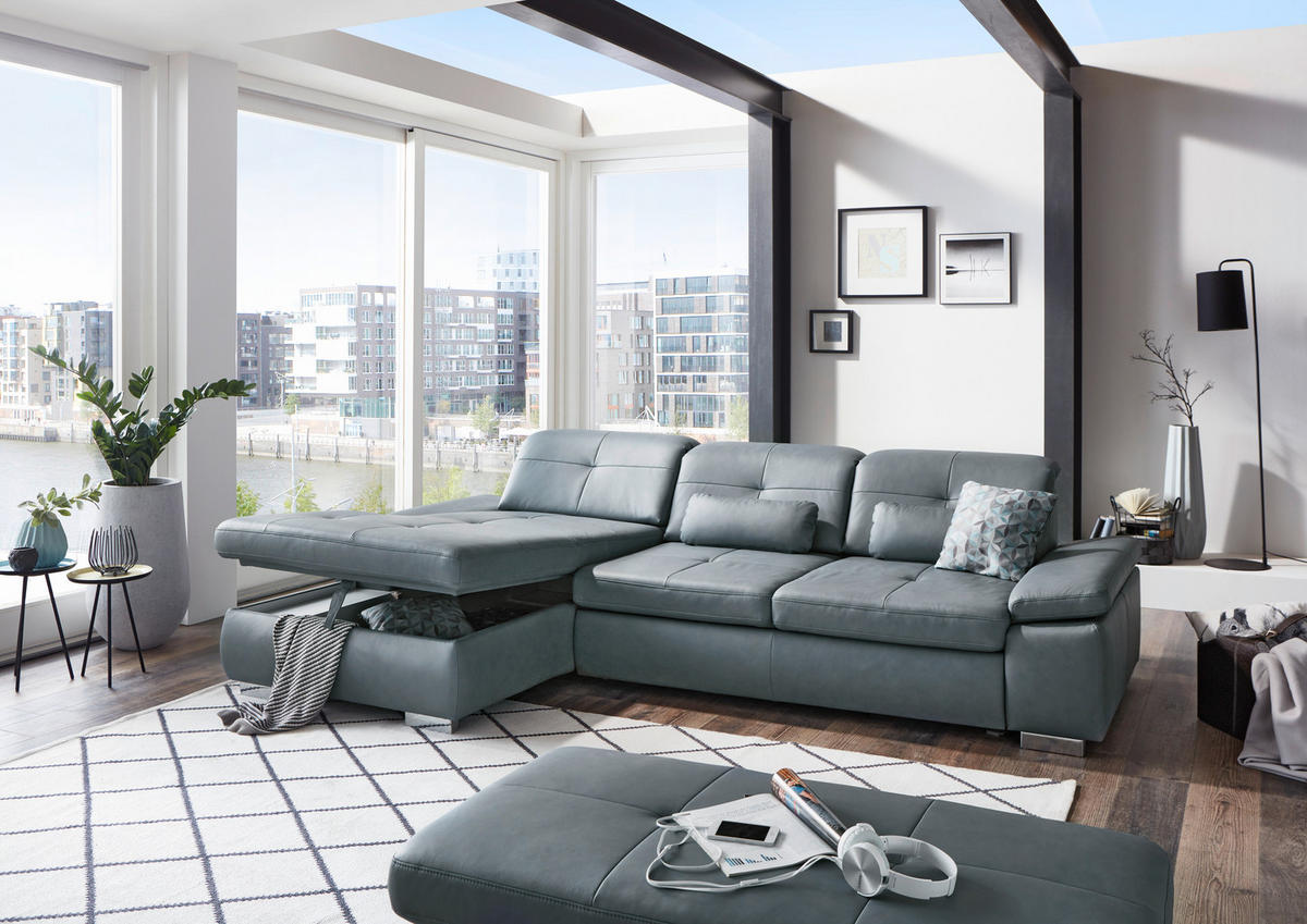 ECKSOFA in Echtleder Grau  - Alufarben/Grau, Design, Leder/Metall (195/309cm) - Beldomo Premium