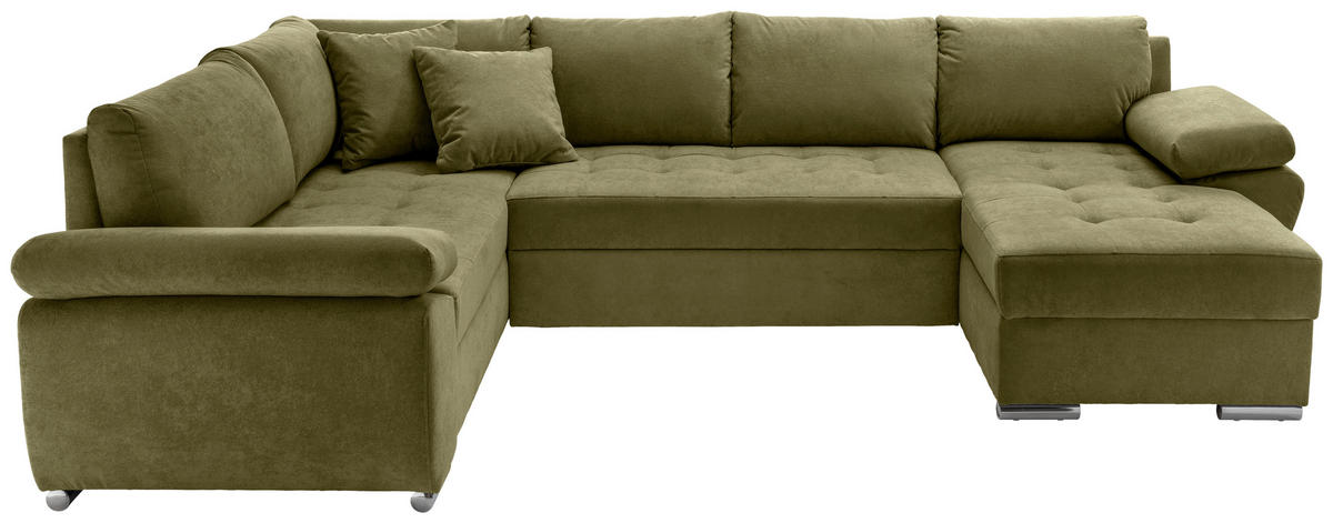 Wohnlandschaft in Mikrofaser Grün  - Chromfarben/Grün, Konventionell, Textil/Metall (219/305/157cm) - Livetastic