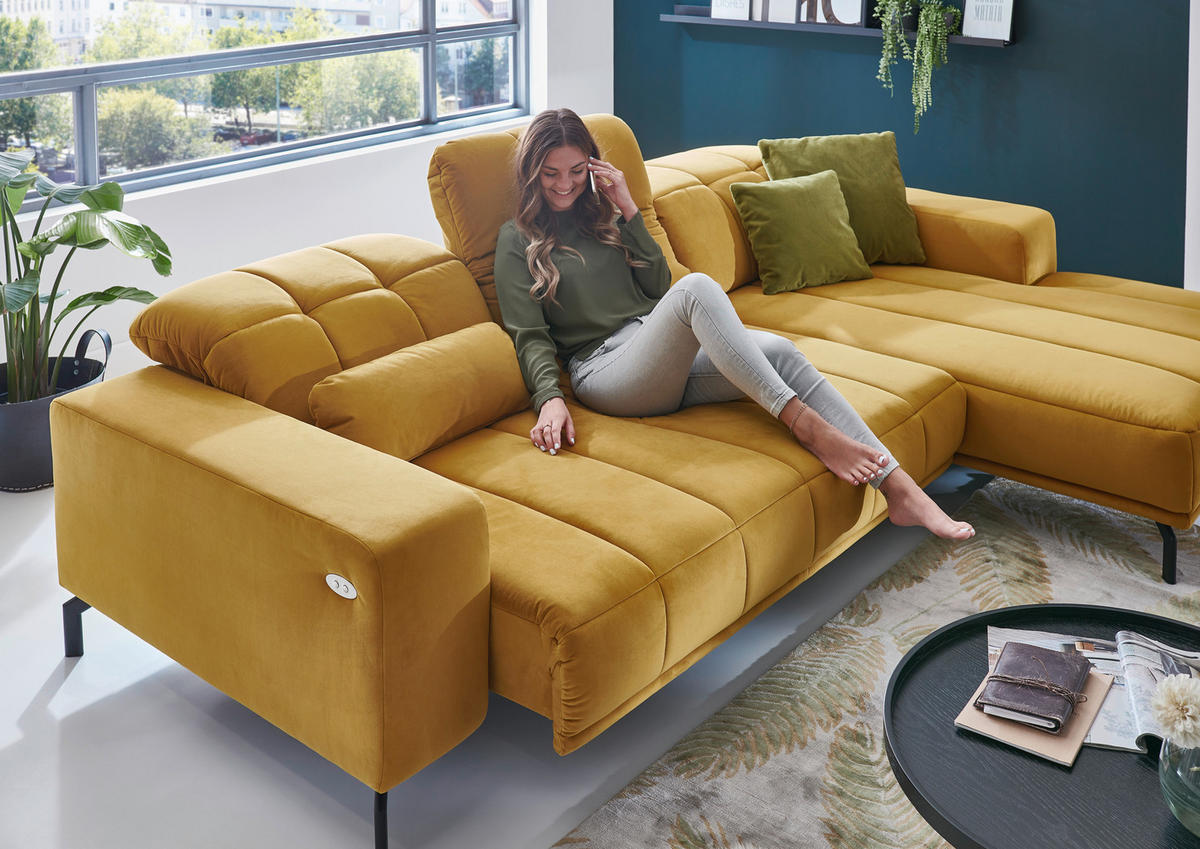 ECKSOFA in Velours Currygelb  - Currygelb/Schwarz, Design, Textil/Metall (195/293cm) - Beldomo Style