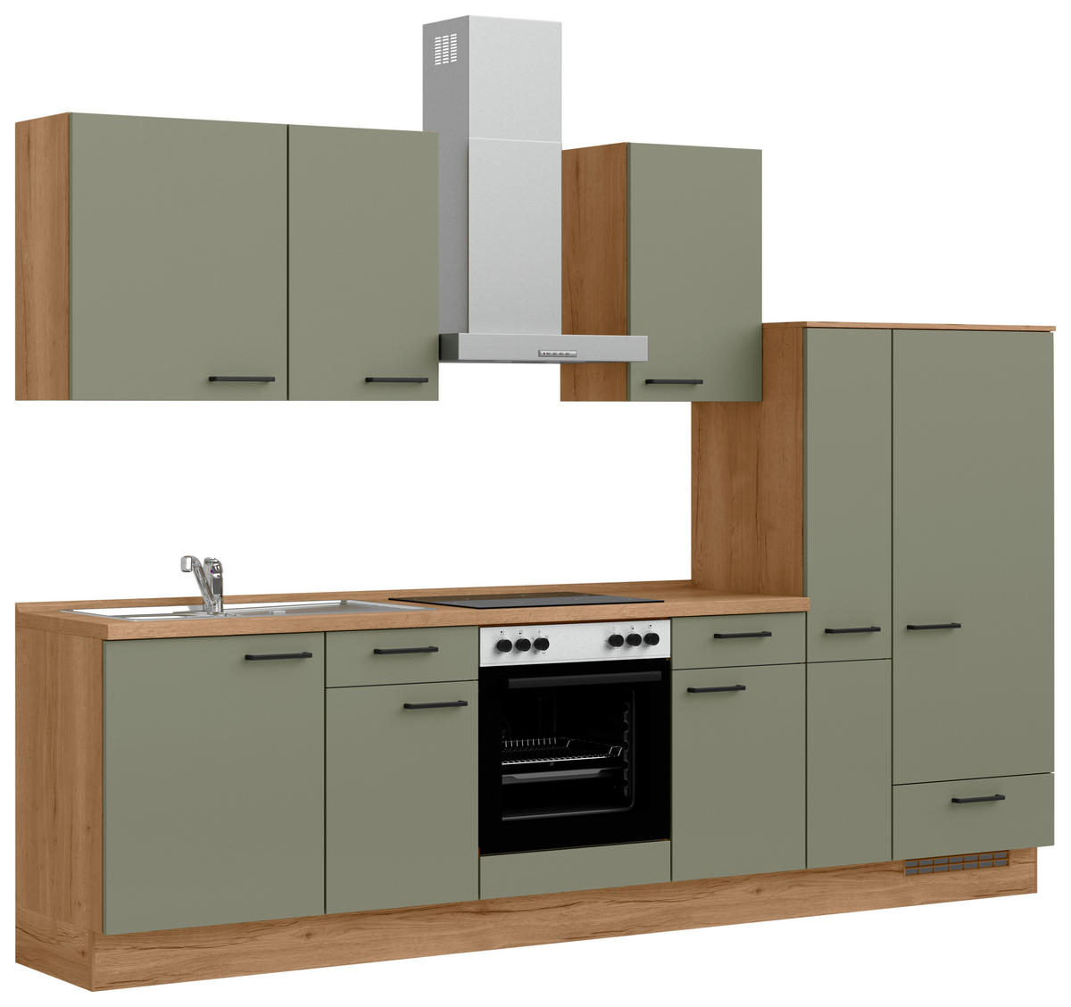 KÜCHENLEERBLOCK Senso 300 cm  in Eichefarben, Olivgrün  - Eichefarben/Schwarz, MODERN, Holzwerkstoff/Metall (300cm) - Nobilia