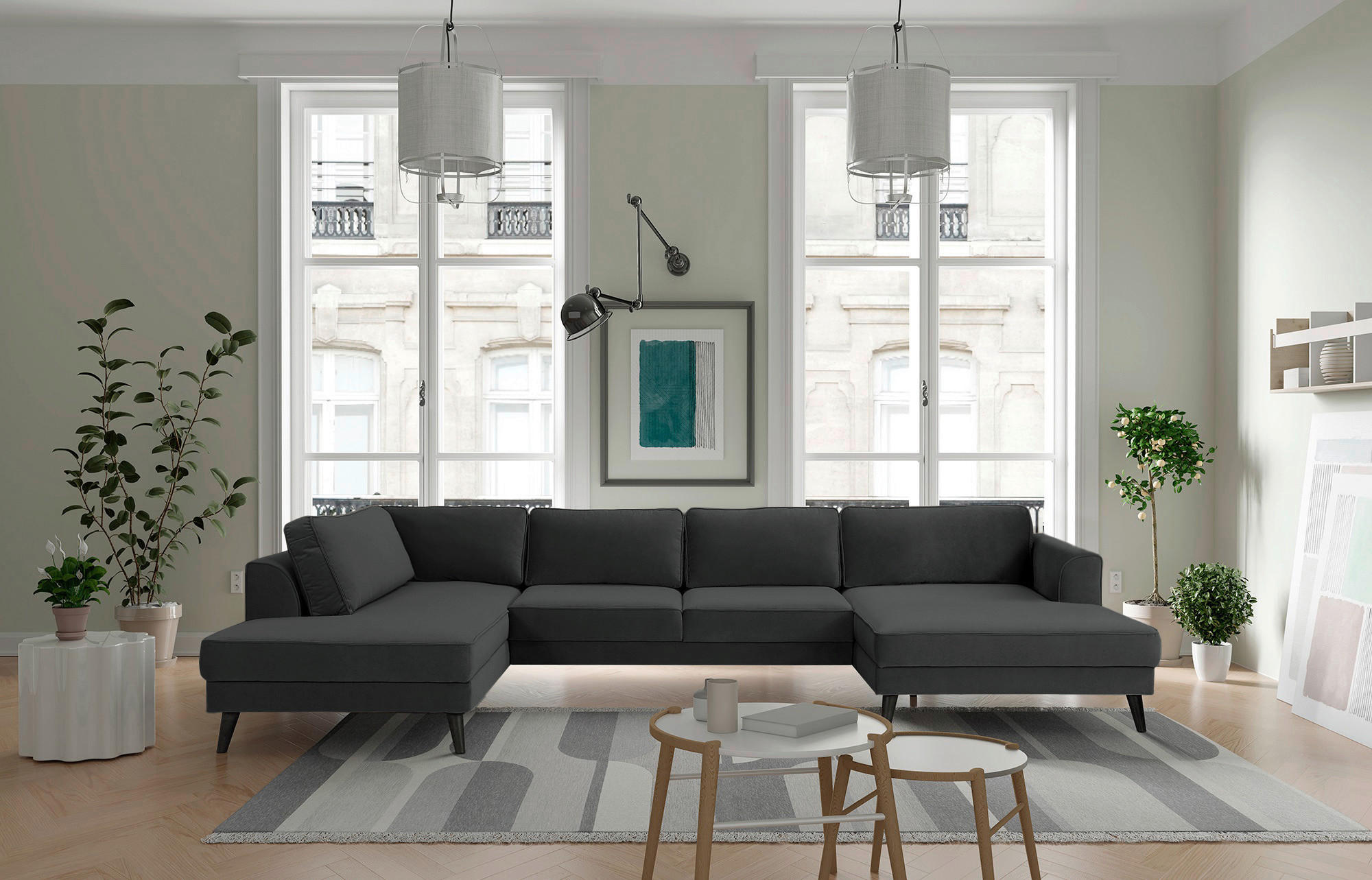 WOHNLANDSCHAFT in Velours Anthrazit  - Wengefarben/Anthrazit, Modern, Holz/Textil (201/348/169cm) - Trendmanufaktur