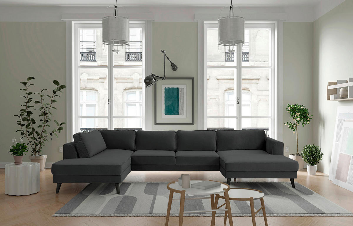 WOHNLANDSCHAFT in Velours Anthrazit  - Wengefarben/Anthrazit, Modern, Holz/Textil (201/348/169cm) - Trendmanufaktur