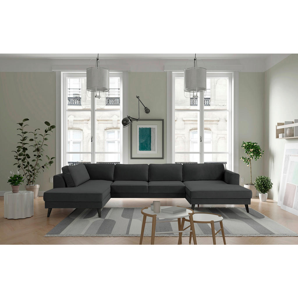 Thumbnail - Trendmanufaktur Wohnlandschaft Lumber Jack, Anthrazit, Textil, Wenge, 6-Sitzer, U-Form, 348x201 cm, Made in EU, Hocker e...