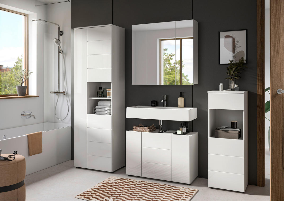 BADEZIMMER 4-teilig  in 180 cm  - Weiß Hochglanz/Schwarz, MODERN, Holzwerkstoff/Kunststoff (180cm) - MID.YOU