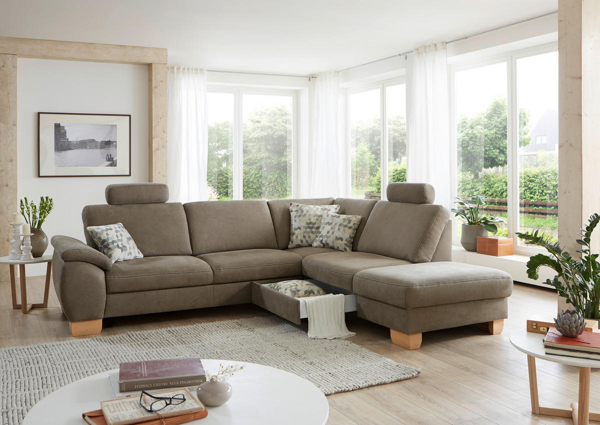 ECKSOFA in Mikrofaser Hellgrün  - Wildeiche/Beige, Konventionell, Holz/Textil (236/286cm) - Voleo