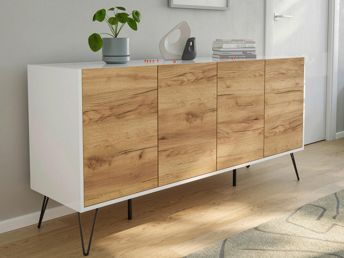 SIDEBOARD Posseik Industrial 155/75,8/42 cm  - Eichefarben/Weiß Hochglanz, Design, Holzwerkstoff/Metall (155/75,8/42cm) - MID.YOU