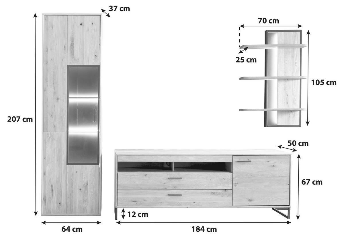 WOHNWAND  in Eichefarben  298/207/50 cm  - Eichefarben/Schwarz, Design, Glas/Holz (298/207/50cm) - Livetastic