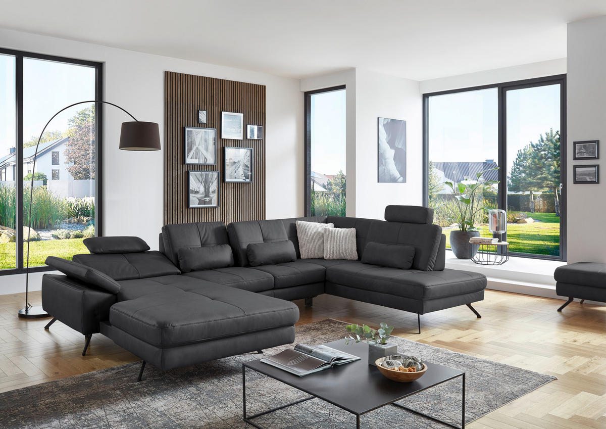 WOHNLANDSCHAFT in Lederlook, Mikrofaser Grau  - Schwarz/Grau, Design, Textil/Metall (179/343/220cm) - Beldomo System