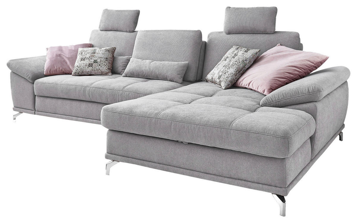 ECKSOFA Silberfarben Flachgewebe Bettkasten, Schlaffunktion, Sitztiefenverstellung, Kopfstütze, Liegefläche im Originalstoff  - Silberfarben, KONVENTIONELL, Textil/Metall (301/176cm) - Sit & More