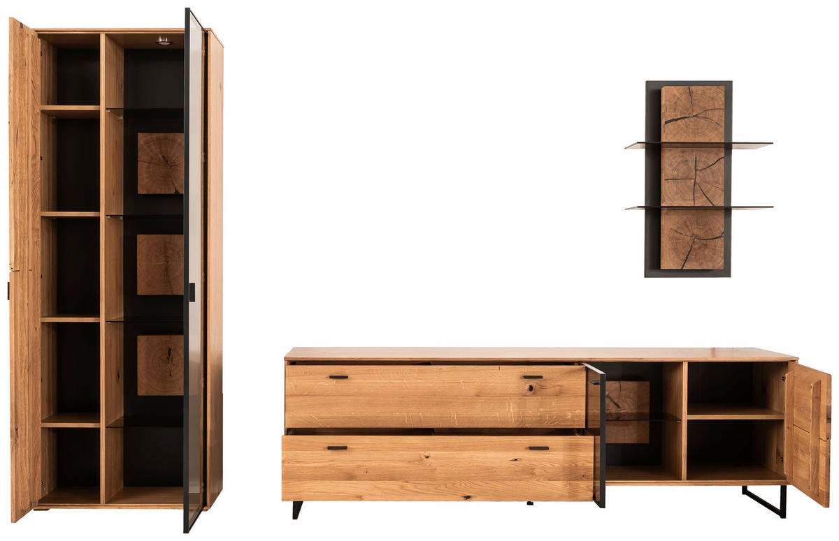 WOHNWAND  in Wildeiche 306/206/50 cm  - Wildeiche/Schwarz, Design, Glas/Holz (306/206/50cm) - MID.YOU