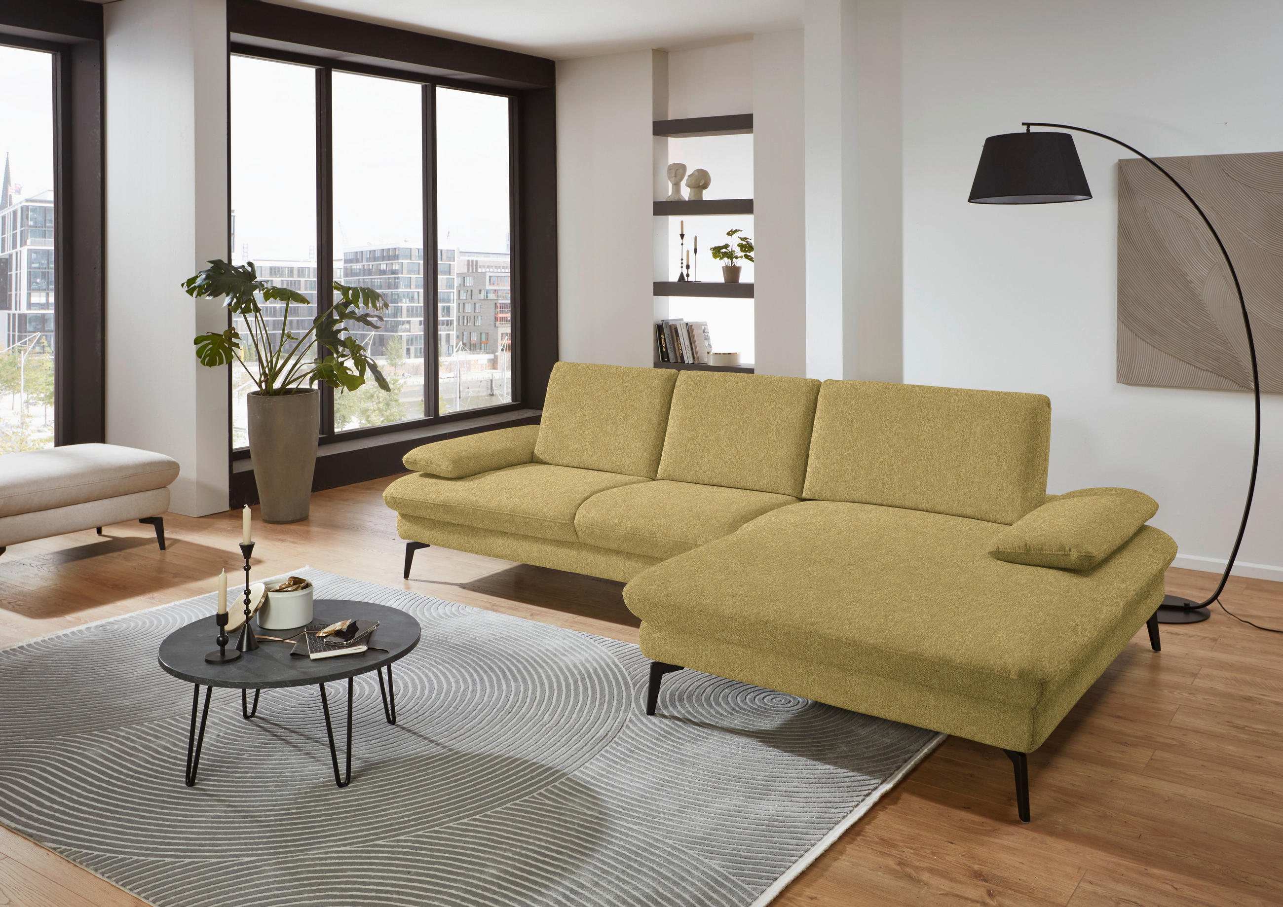 ECKSOFA in Chenille, Mikrofaser Hellgrün  - Schwarz/Hellgrün, Design, Textil/Metall (299/157cm) - Dieter Knoll