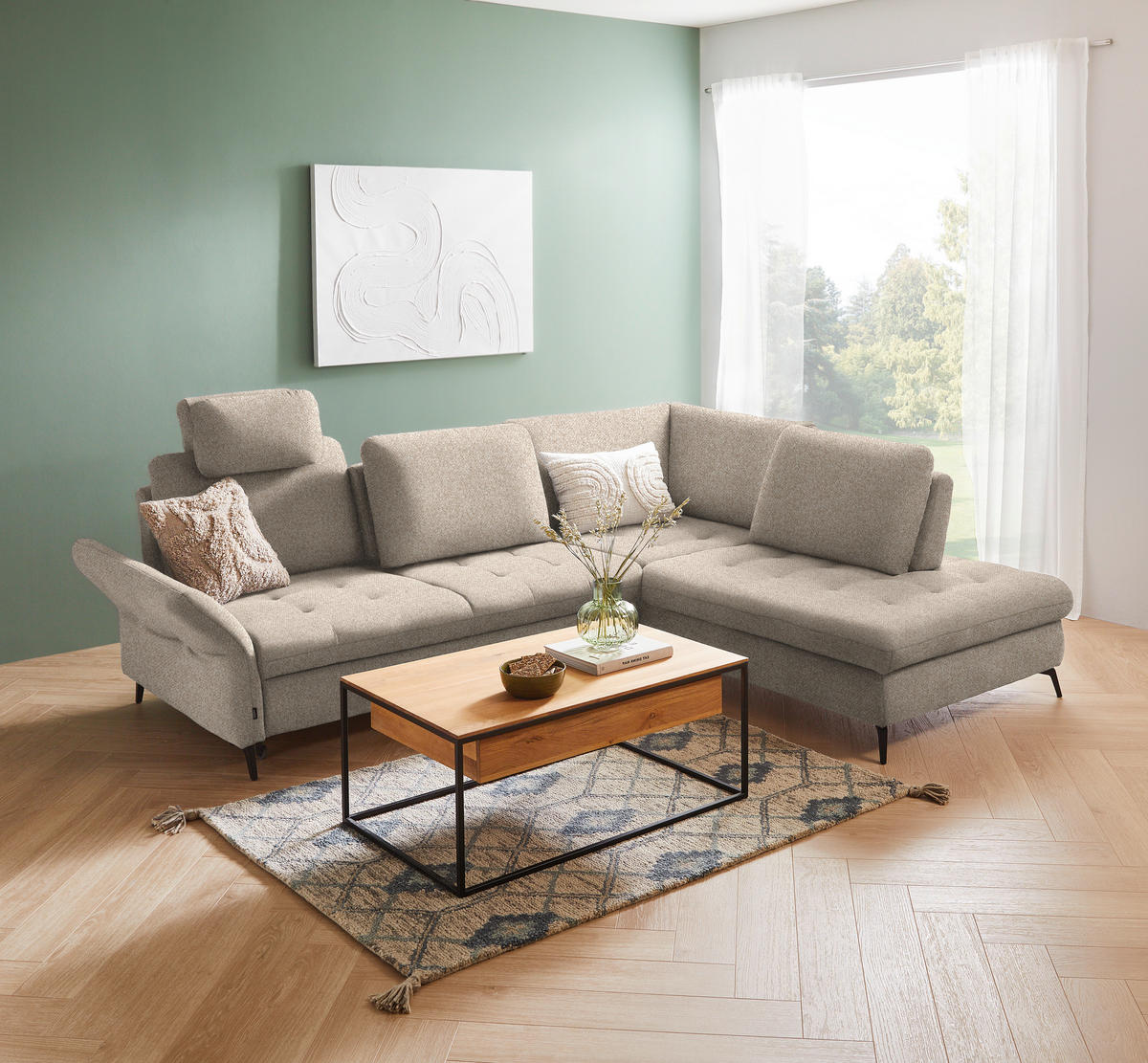 ECKSOFA in Bouclé Beige  - Beige/Schwarz, Natur, Textil/Metall (288/233cm) - Valnatura