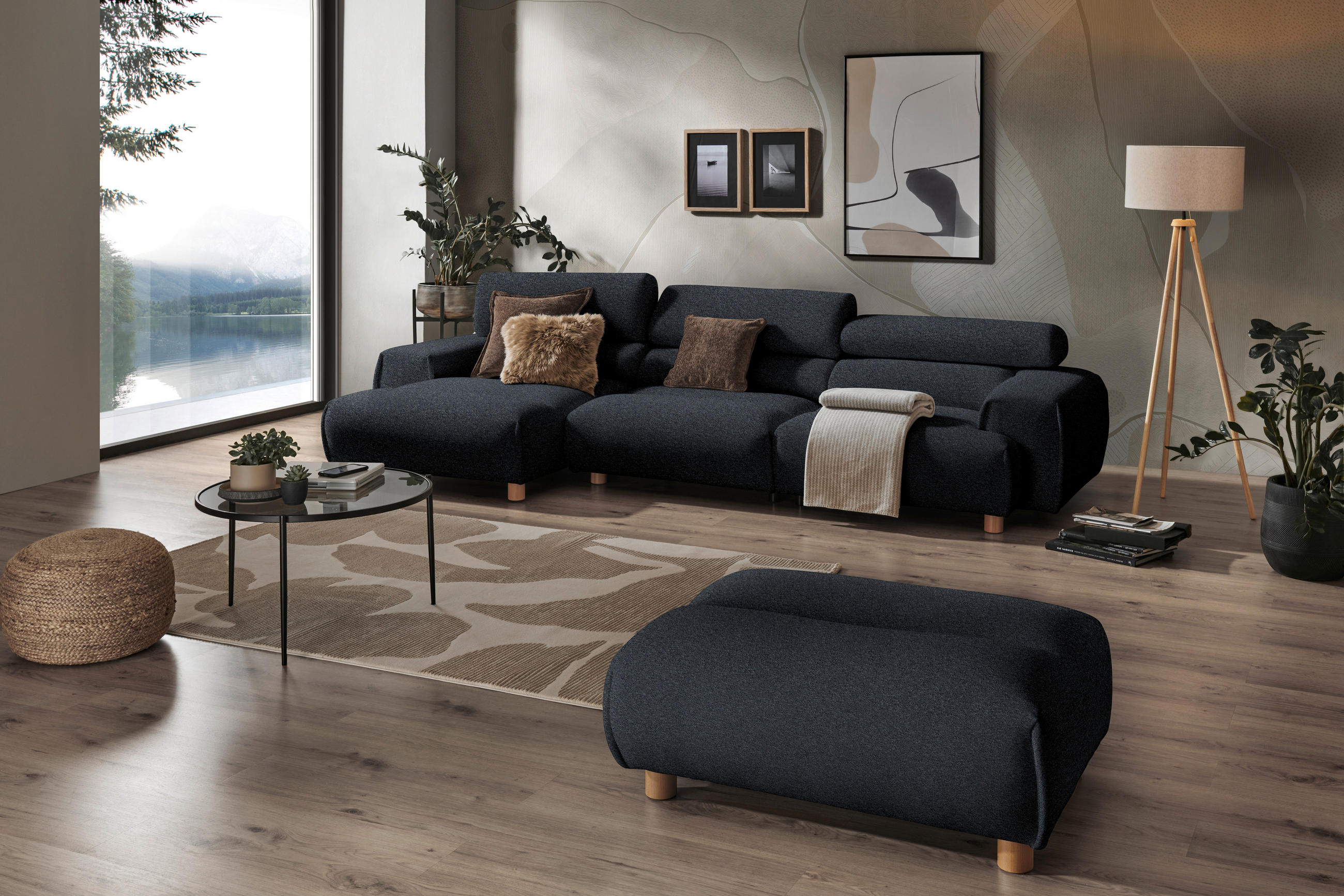 ECKSOFA in Velours Anthrazit  - Anthrazit, Natur, Holz/Textil (150/329cm) - Lomoco