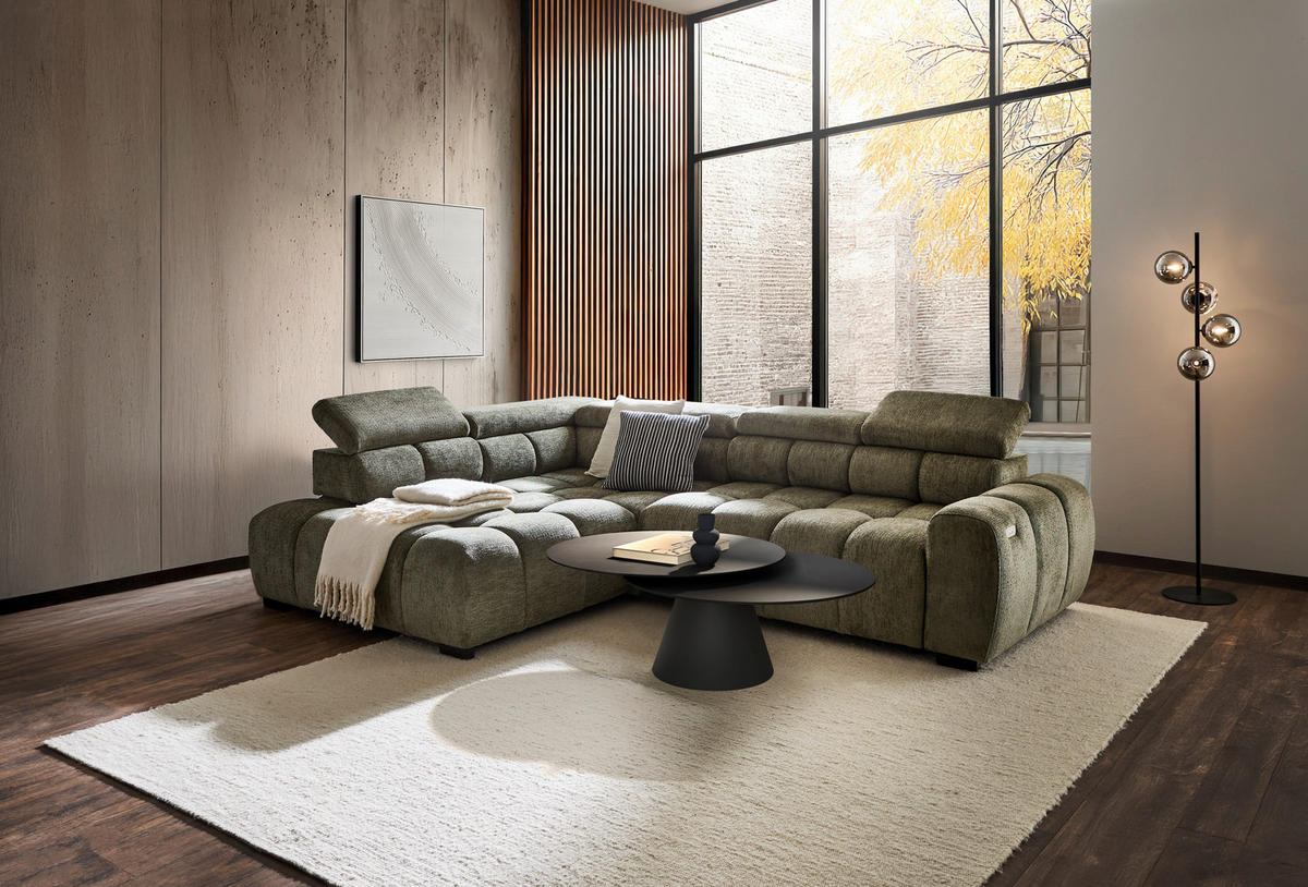 ECKSOFA in Webstoff Olivgrün  - Schwarz/Olivgrün, Modern, Kunststoff/Textil (205/297cm) - Livetastic