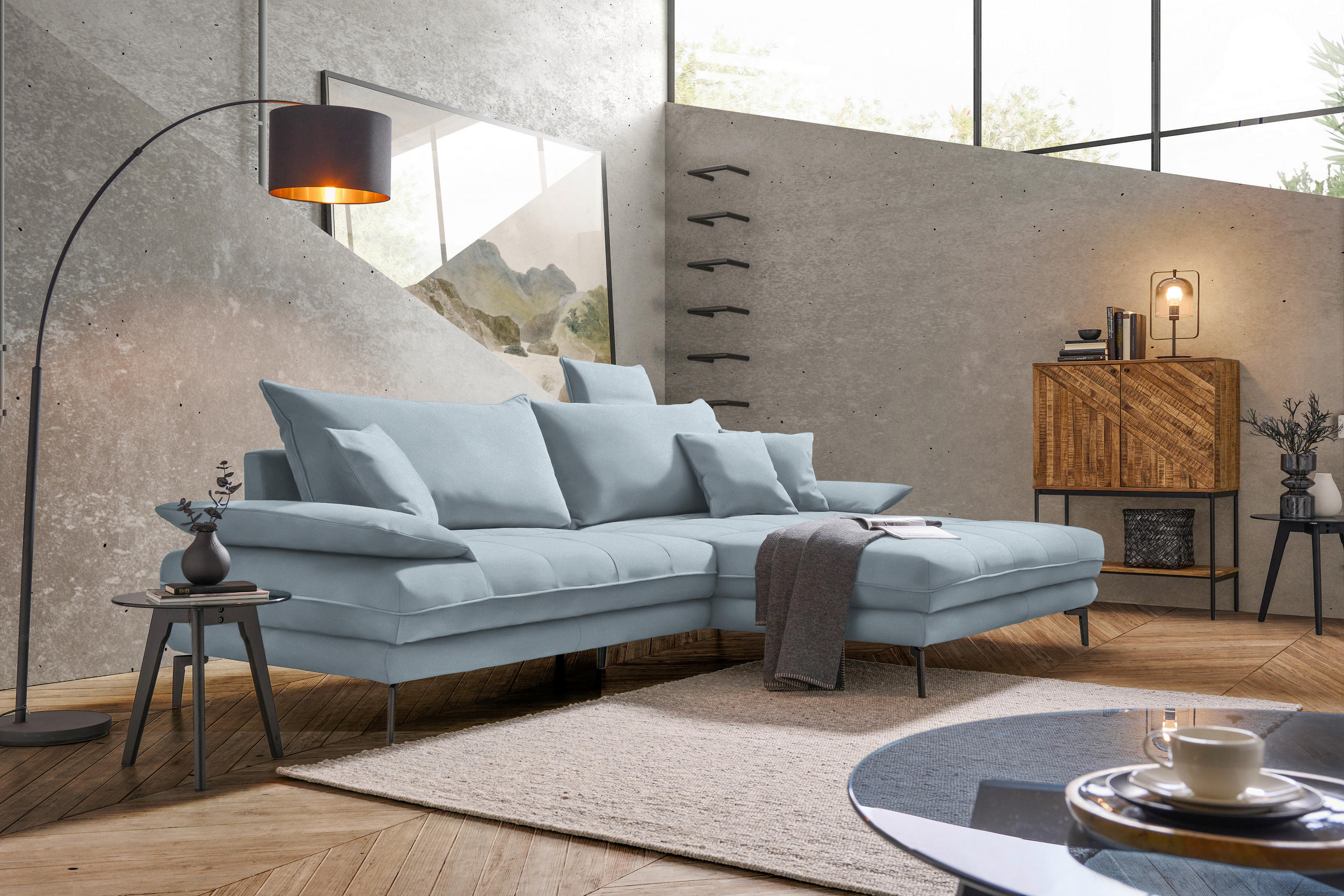 ECKSOFA PRATO Hellblau Flachgewebe  - Schwarz/Hellblau, MODERN, Textil/Metall (292/176cm) - MID.YOU