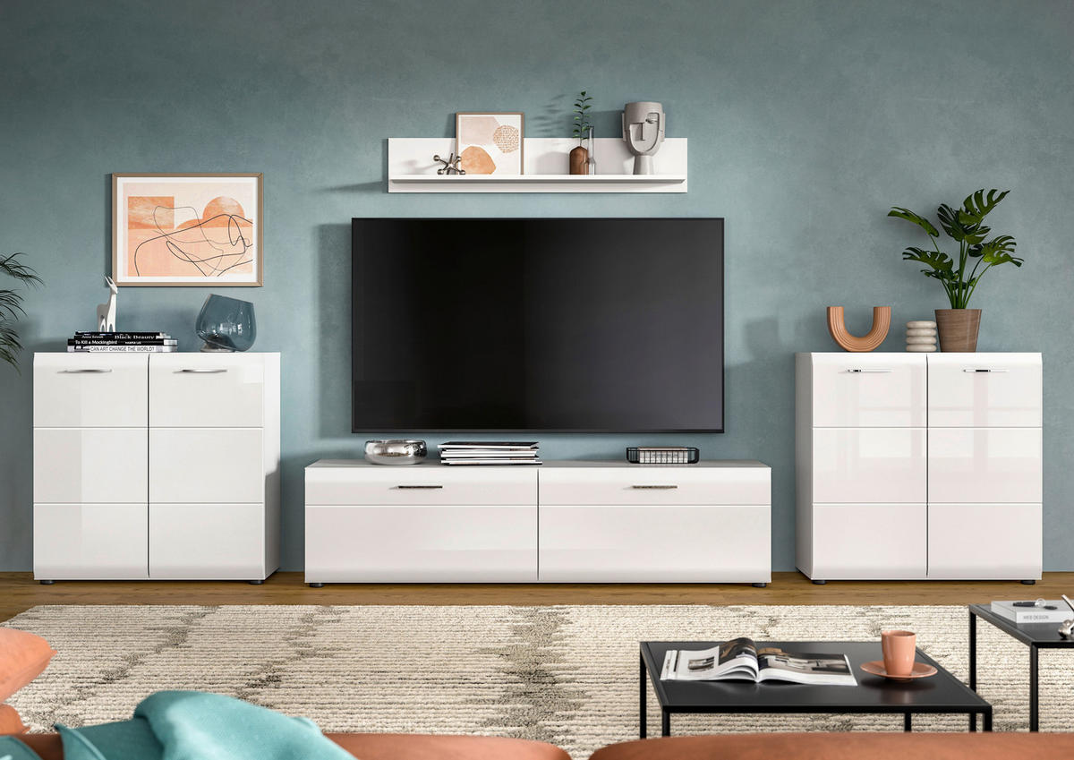 WOHNWAND 4-teilig  in Weiß, Weiß Hochglanz  350/160/41 cm  - Weiß Hochglanz/Silberfarben, Design, Holzwerkstoff/Kunststoff (350/160/41cm) - Livetastic