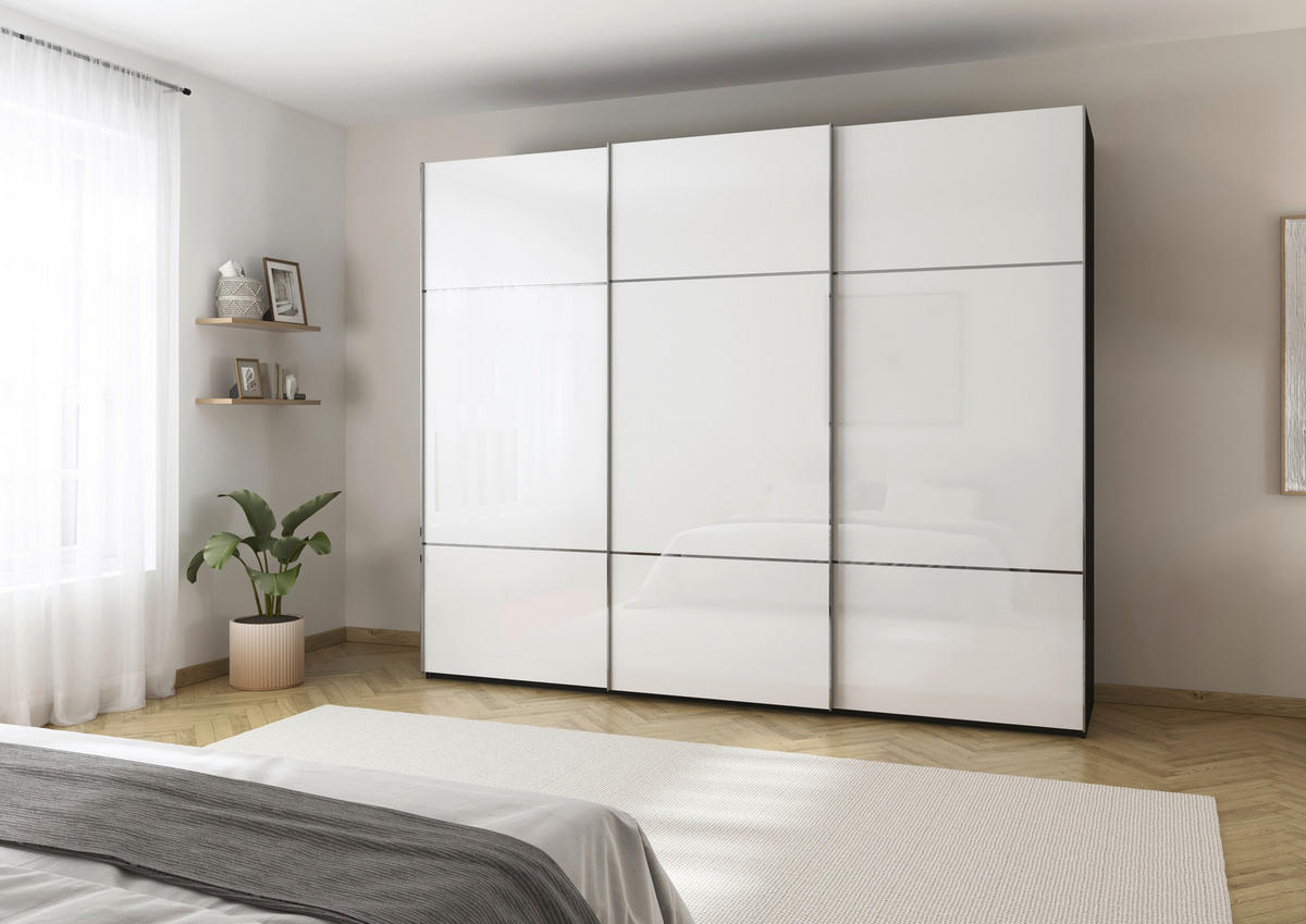 SCHWEBETÜRENSCHRANK 301/223/68 cm 3-türig Schwarz, Weiß  - Chromfarben/Schwarz, KONVENTIONELL, Glas/Holzwerkstoff (301/223/68cm) - Novel