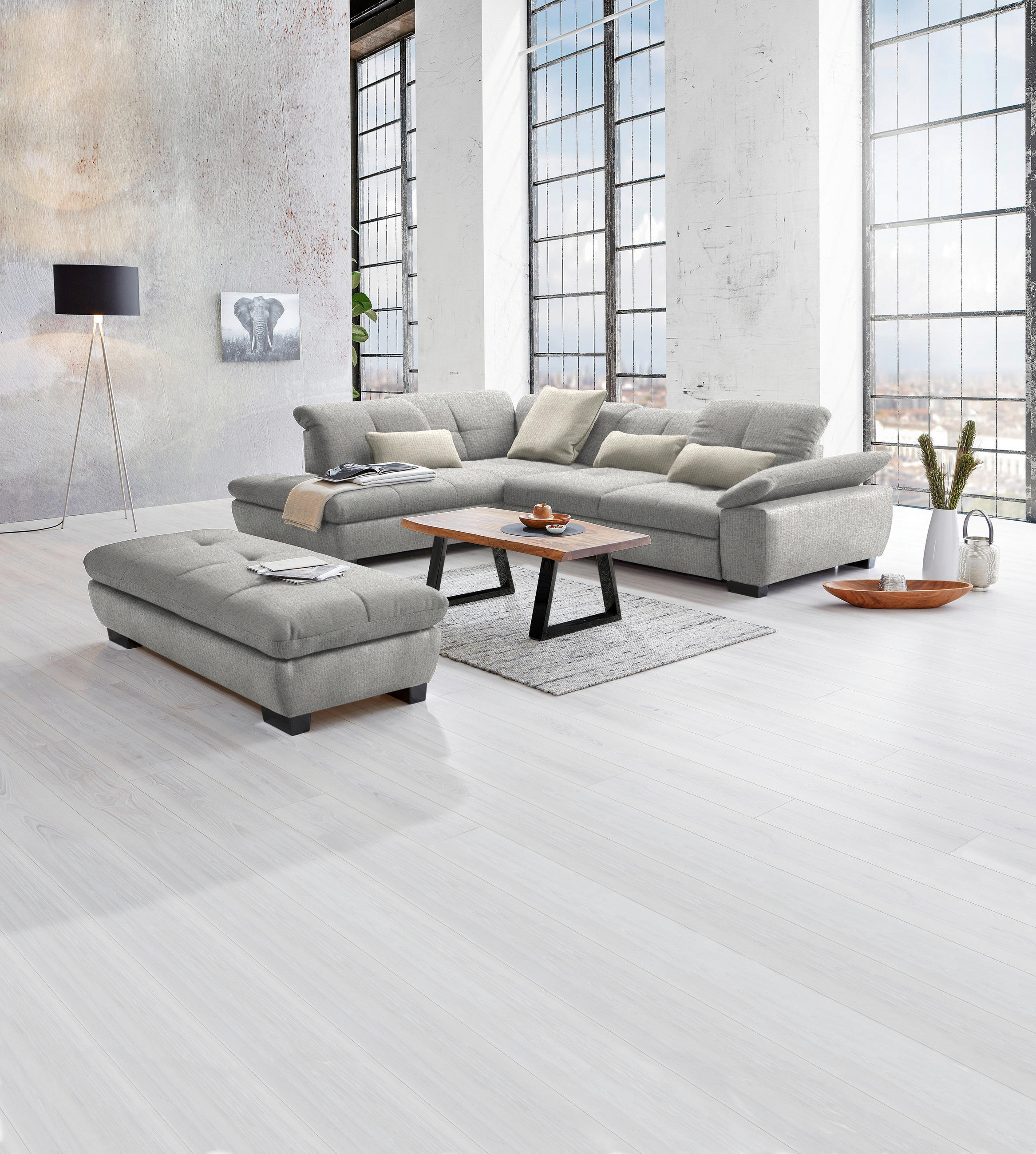 ECKSOFA in Flachgewebe Hellgrau  - Hellgrau/Schwarz, Design, Textil/Metall (242/313cm) - Xora