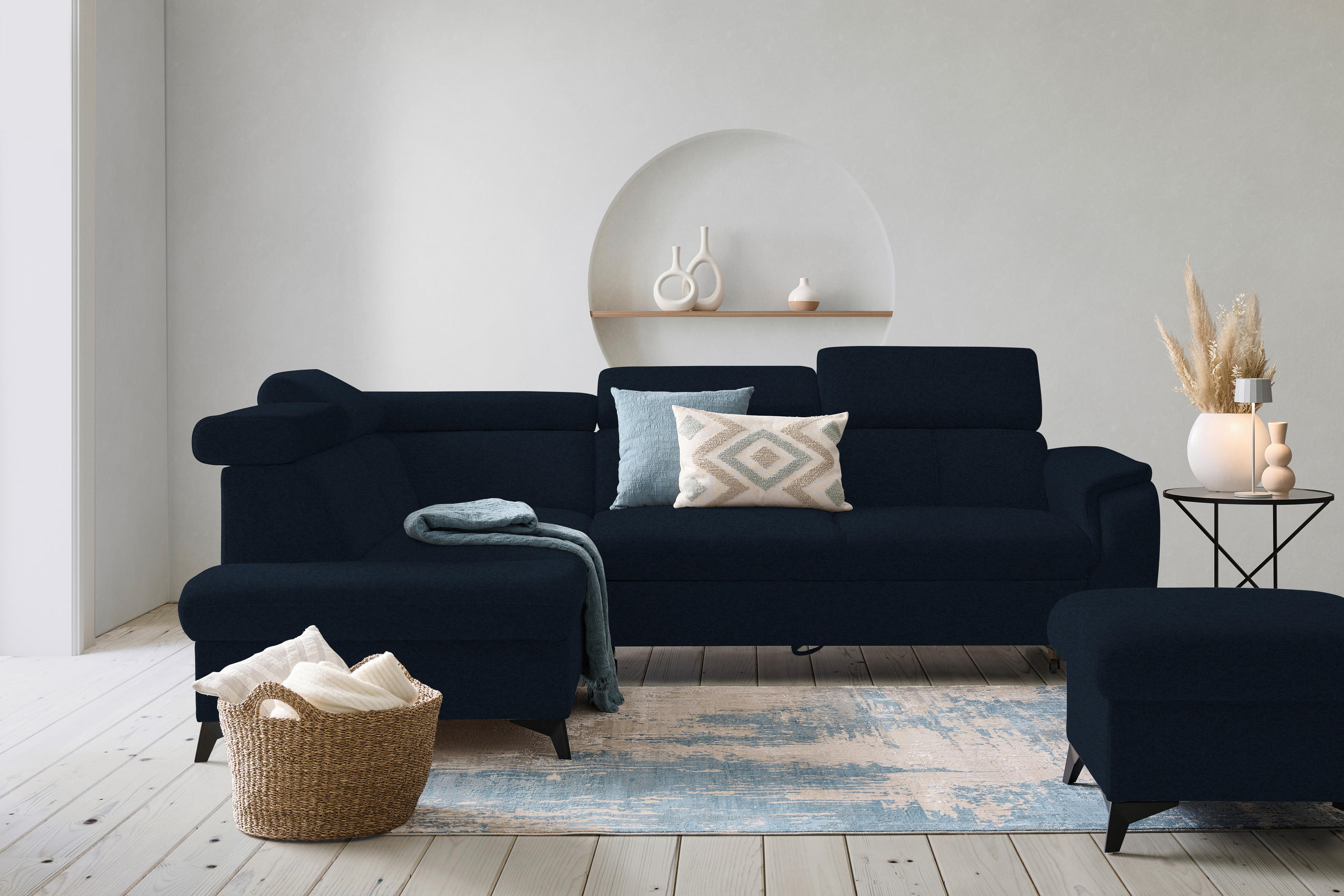 ECKSOFA in Mikrofaser Dunkelblau  - Schwarz/Dunkelblau, Design, Textil/Metall (203/260cm) - Stylife