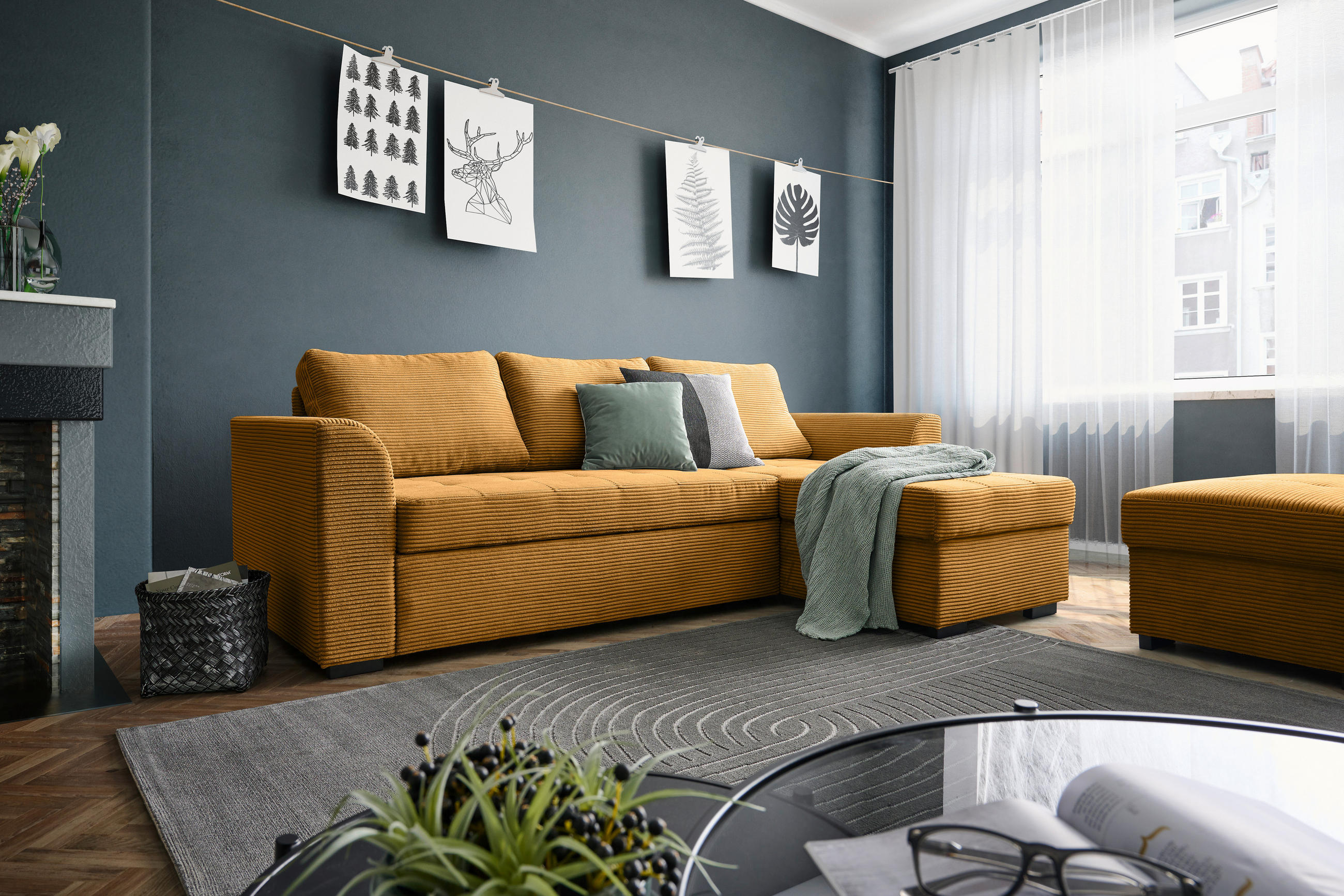 ECKSOFA in Cord, Velours Currygelb  - Currygelb/Schwarz, Design, Kunststoff/Textil (155/243cm) - Xora