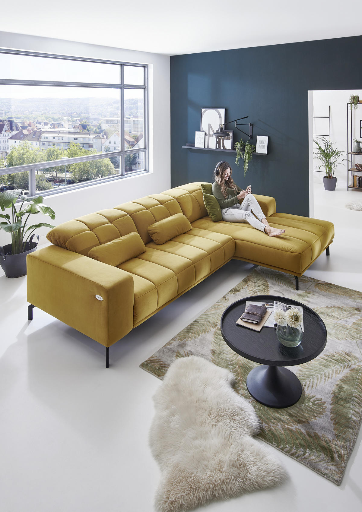ECKSOFA in Velours Currygelb  293/195 cm  - Currygelb/Schwarz, Design, Textil/Metall (293/195cm) - Beldomo Style