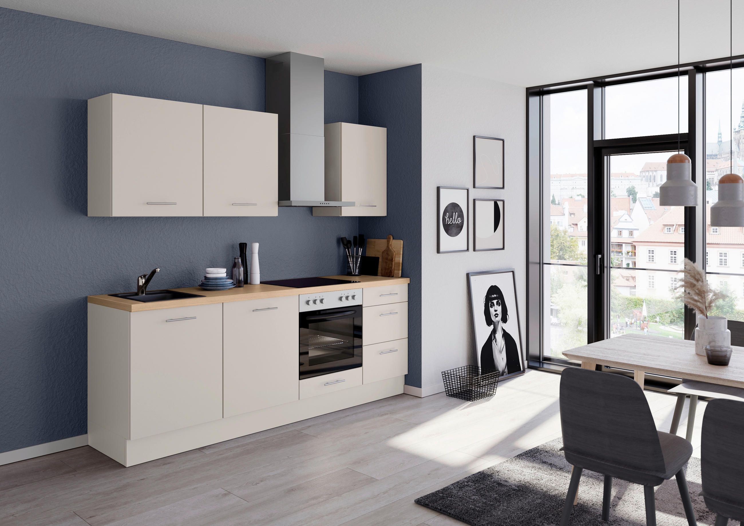 KÜCHENBLOCK 230 cm   in Magnolie  - Edelstahlfarben/Eichefarben, Design, Holzwerkstoff/Metall (230cm) - Impuls