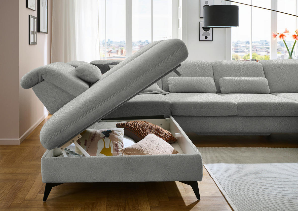 WOHNLANDSCHAFT Chenille Greige  - Greige/Schwarz, Design, Textil/Metall (255/364/198cm) - Beldomo Style