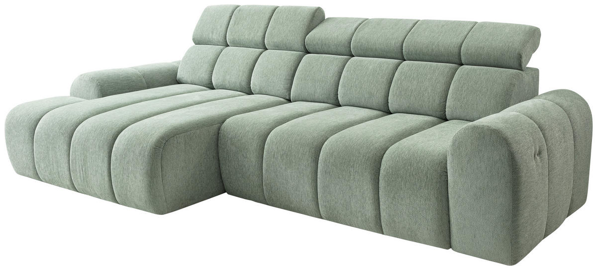 ECKSOFA Salbeigrün Chenille Bettkasten, Rücken echt, Relaxfunktion, Kopfteilverstellung  - Salbeigrün/Schwarz, Design, Kunststoff/Textil (152/290cm) - Stylife