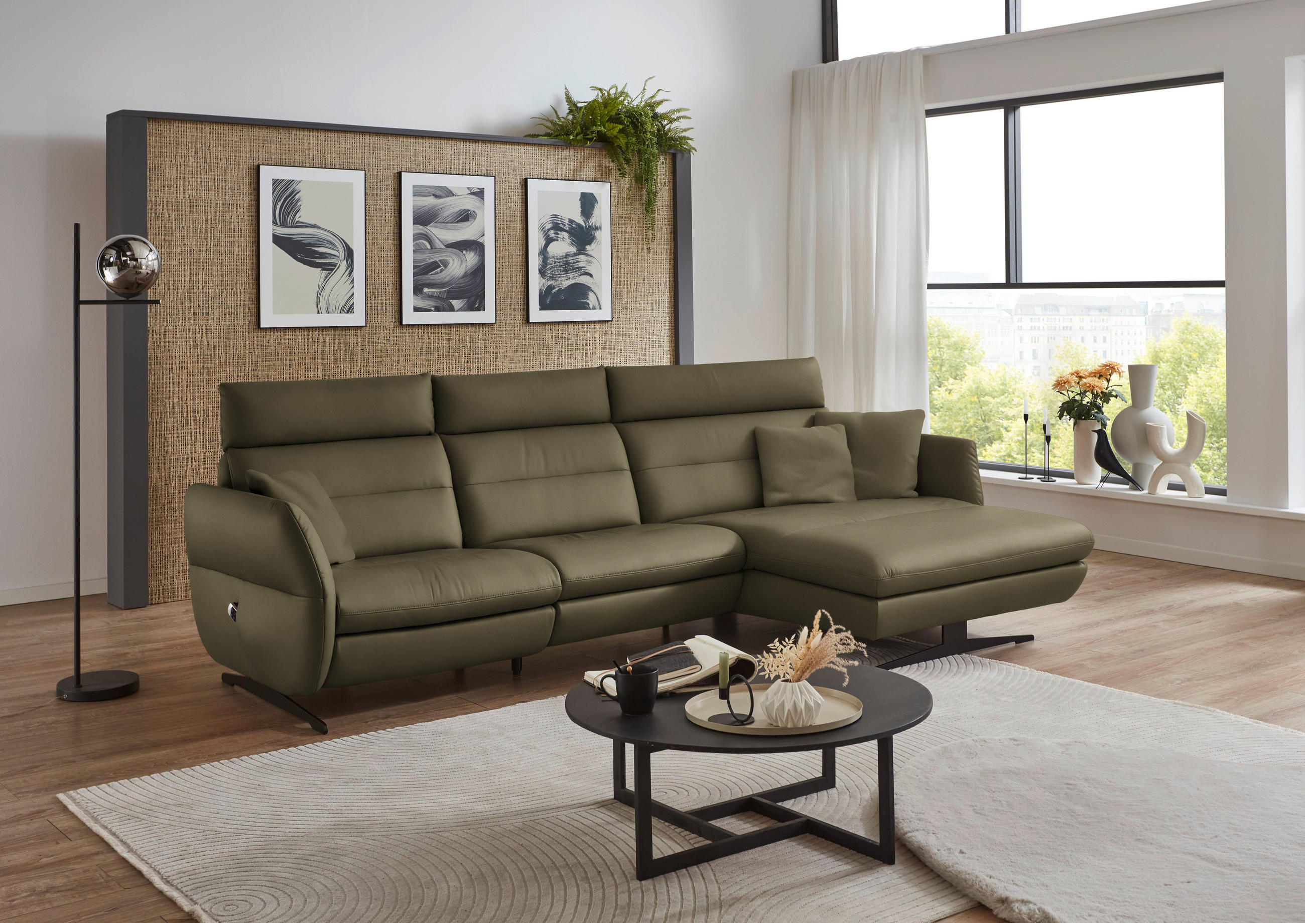 ECKSOFA in Echtleder Olivgrün  300/157 cm  - Schwarz/Olivgrün, Design, Leder/Metall (300/157cm) - Dieter Knoll