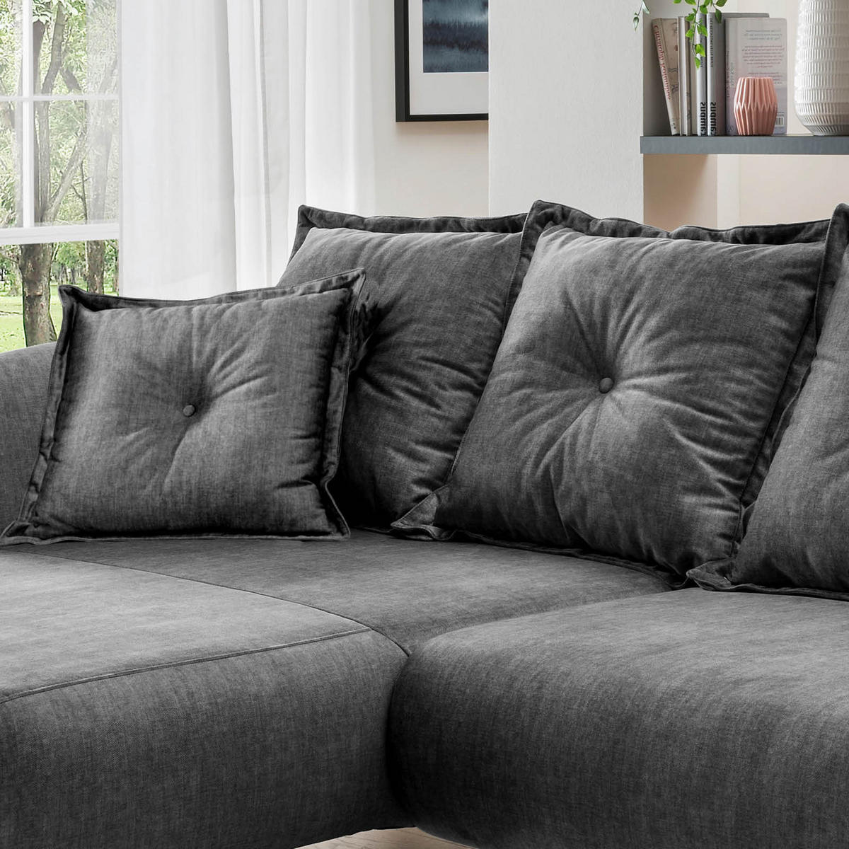 ECKSOFA in Velours Grau  - Buchefarben/Grau, Modern, Holz/Textil (162/277cm) - Livetastic
