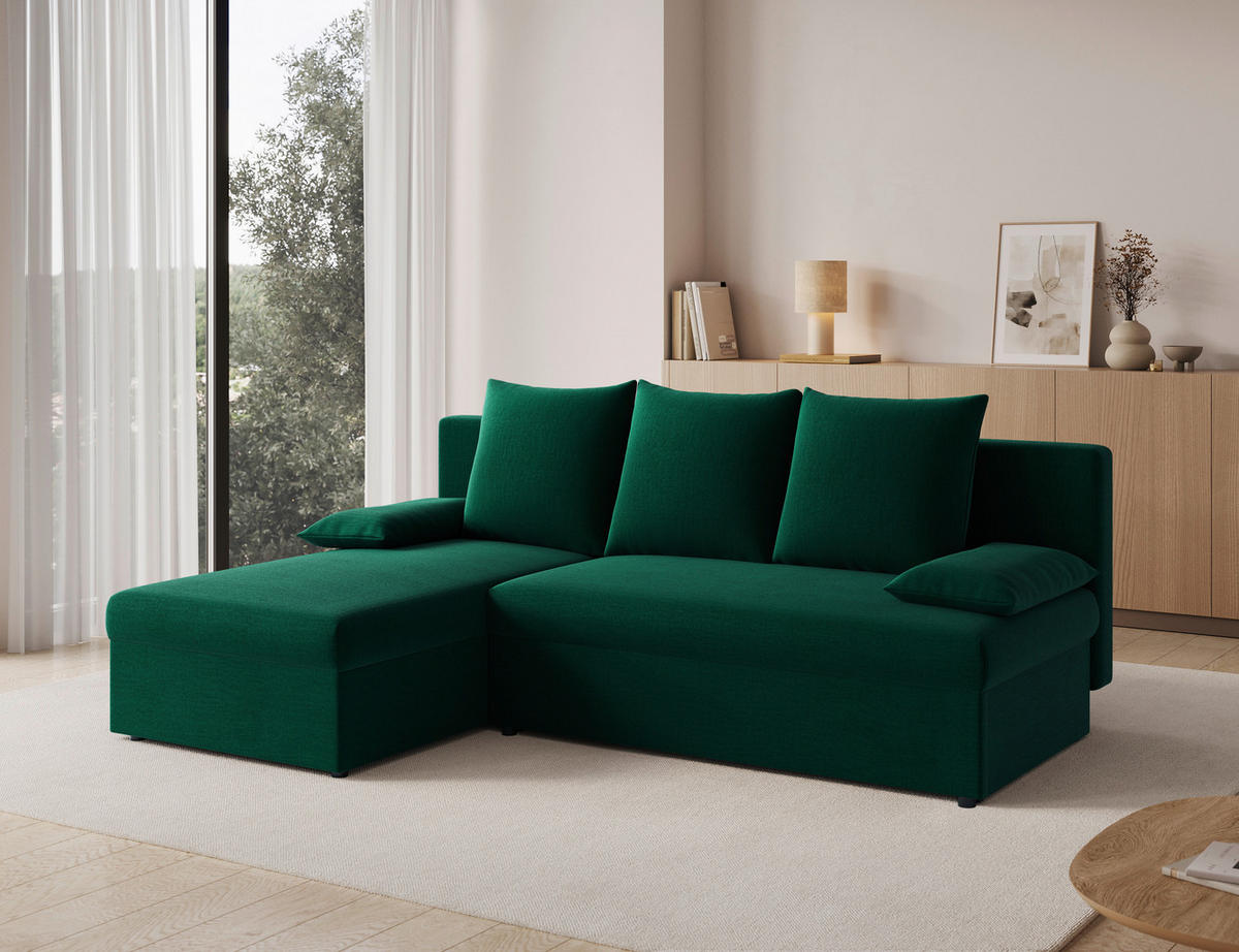 ECKSOFA GINO in Samt Dunkelgrün  201/143 cm  - Dunkelgrün/Schwarz, Design, Kunststoff/Textil (201/143cm) - MID.YOU