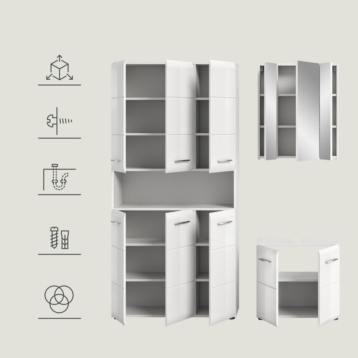 BADEZIMMER 3-teilig  in 150 cm  - Weiß Hochglanz/Silberfarben, MODERN, Holzwerkstoff/Kunststoff (150cm) - MID.YOU