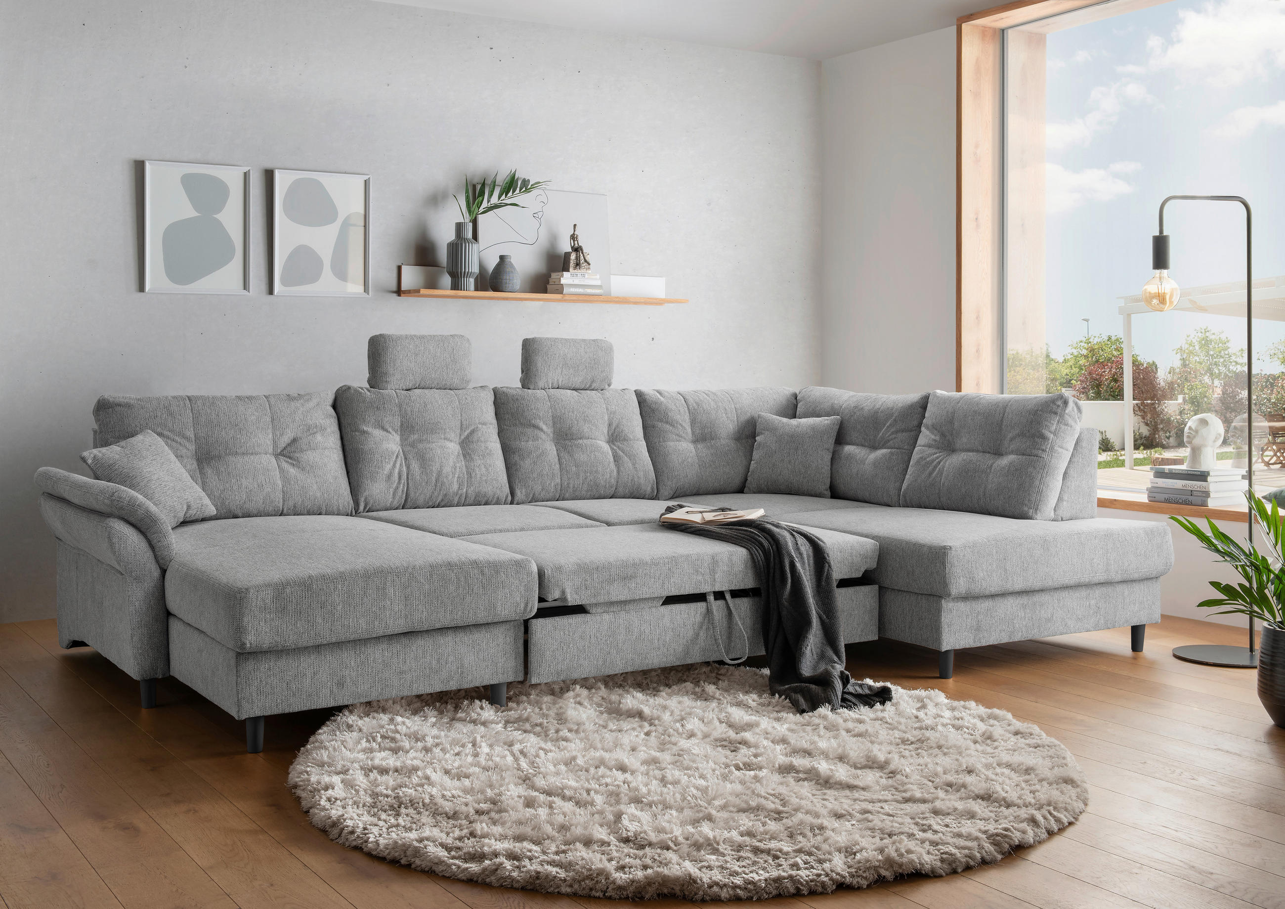 WOHNLANDSCHAFT in Chenille Silberfarben  - Silberfarben/Schwarz, Modern, Holz/Textil (176/338/206cm) - Livetastic