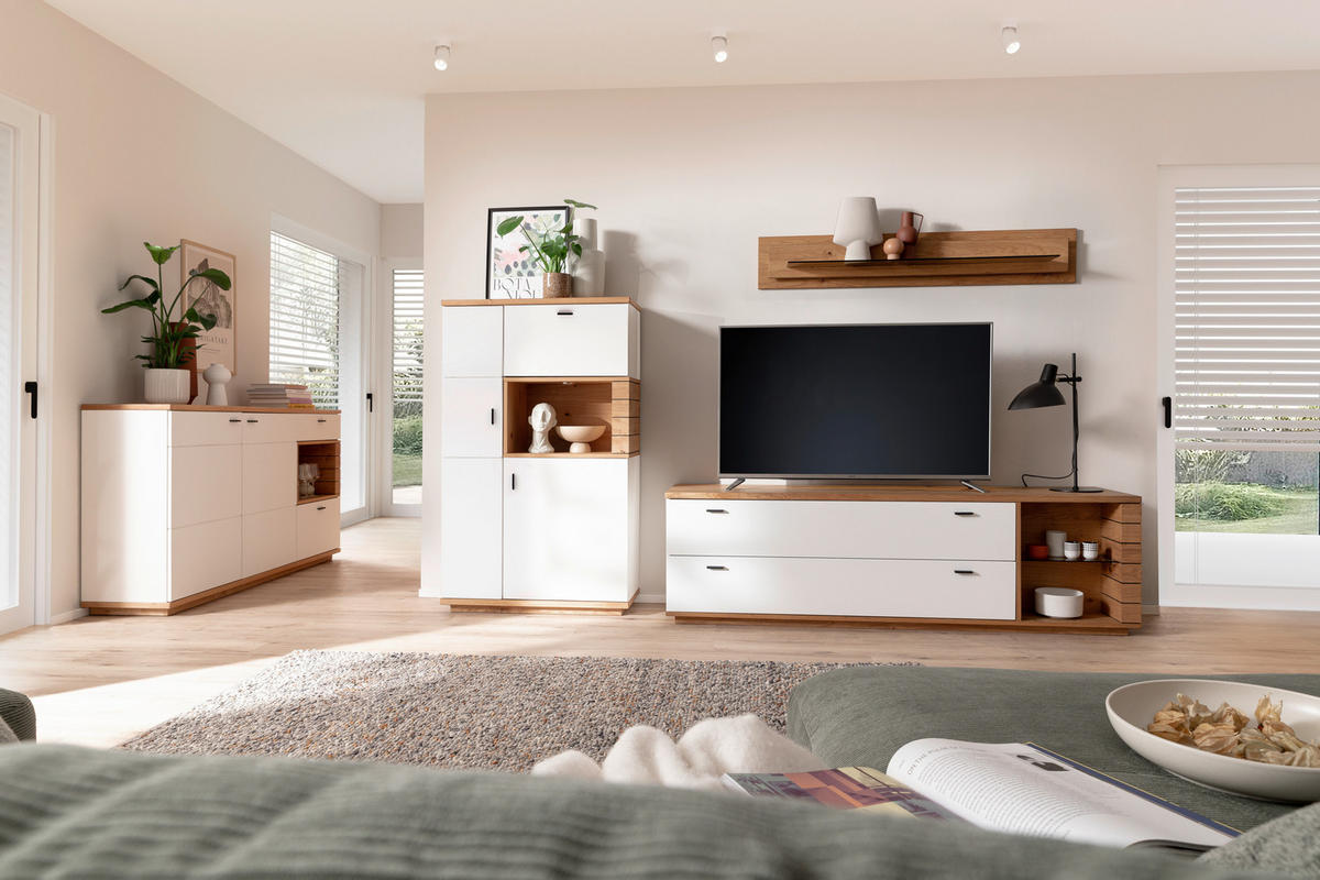 WOHNWAND 3-teilig  in Weiß, Wildeiche  315/181/50 cm  - Wildeiche/Anthrazit, Design, Glas/Holz (315/181/50cm) - Novel